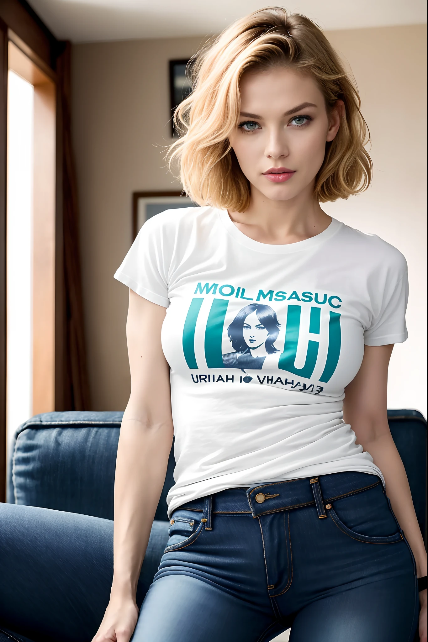 ((masterpiece, best quality)), beautiful 40-year-old woman (Milla Jovovich:0.5), (blonde hair, bob hairstyle, square face), (medium breasts), (curvy, muscular body), (natural skin), legs, (tight tshirt and jeans:1.3), (seductive expression:1.2), standing, various poses, loungeroom background, (UHD, 8K wallpaper, High resolution), Cinematic lighting, physically-based rendering, award-winning, extremely detailed skin, extra detailed face, high detail eyes, Carl Zeiss 85 mm F/1.4, by Ellen von Unwerth