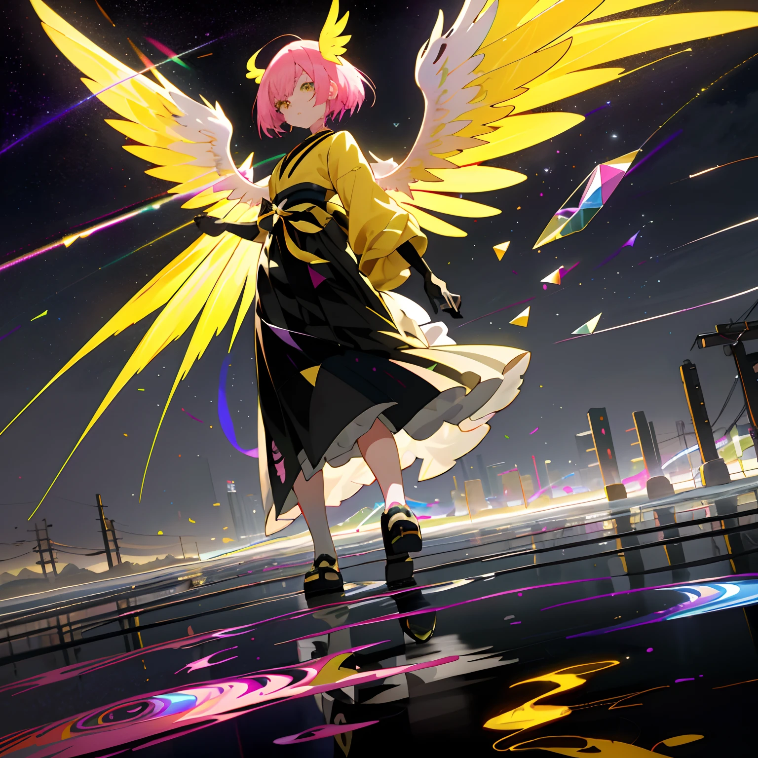 Anime girl with pink hair and yellow wings walks down the street, Trending on ArtStation pixiv, digital art on pixiv, best anime 4k konachan wallpaper, anime style 4 k, Pixiv Contest Winner, anime land of the lustrous, High quality anime art style, Anime art wallpaper 8k, zerochan art, Digital Cyberpunk Anime Art