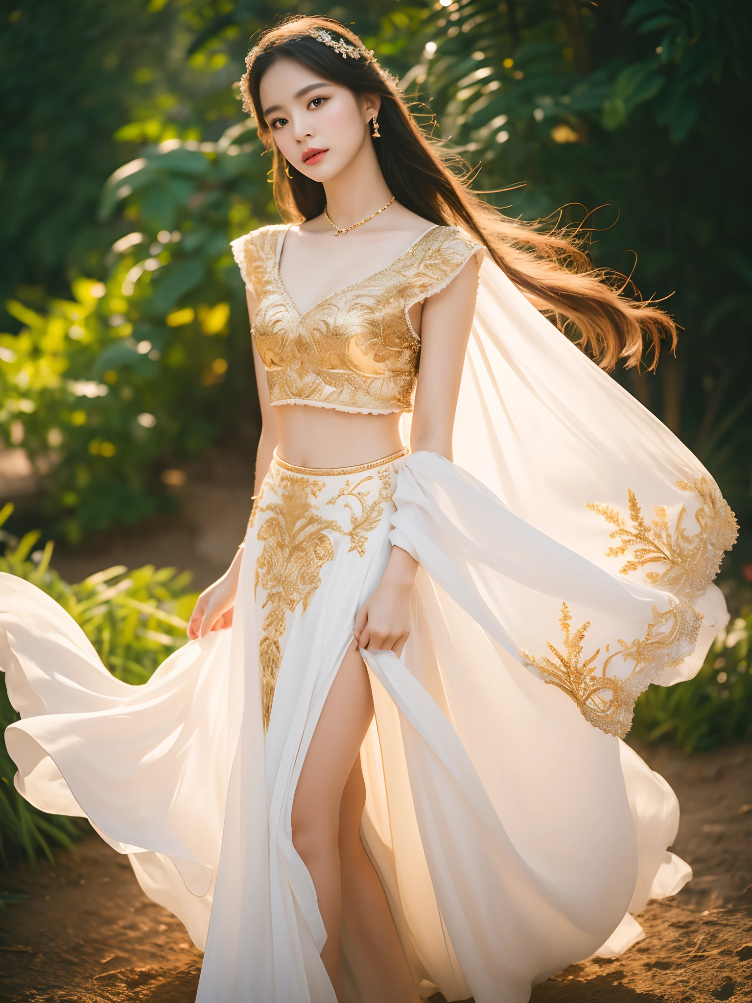 A woman in a white dress with gold embroidery and a high-slit skirt, full body, white background, blurry background, (high detailed skin:0.8),8k UHD quality, taken with a DSLR camera with soft lighting, HDR, warm light, high quality, film grain, and a Fujifilm XT3 lens.