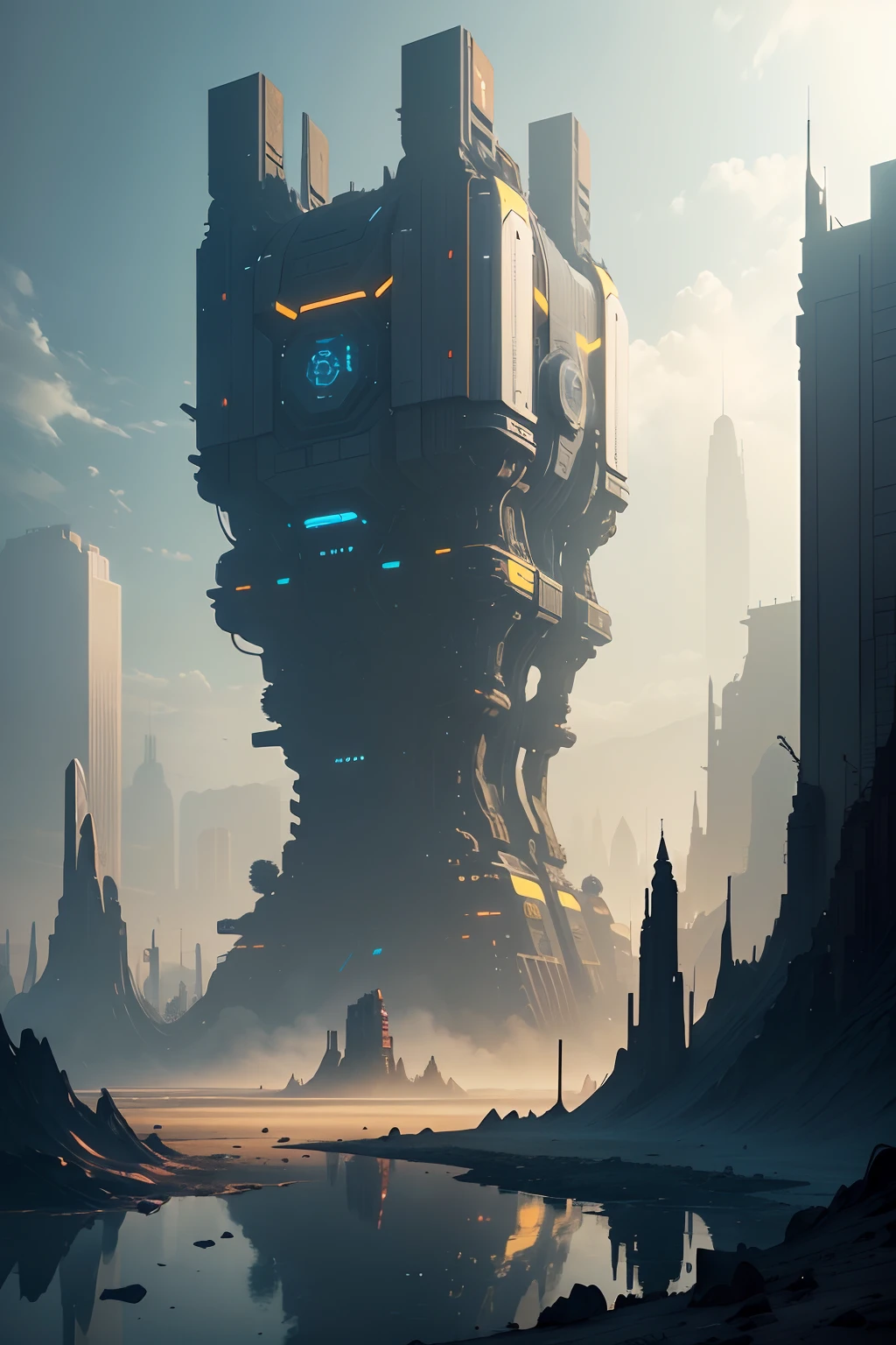 Create a landscape painting of a world dominated by machines. Imagine a futuristic scene where machines and technology have taken over, transforming the once-natural landscapes into a surreal and mechanical environment. Depict towering metallic structures, robotic beings, and futuristic cities blending with the remnants of nature. Capture the eerie fusion of artificial intelligence and the remnants of the natural world in this machine-dominated dystopia.