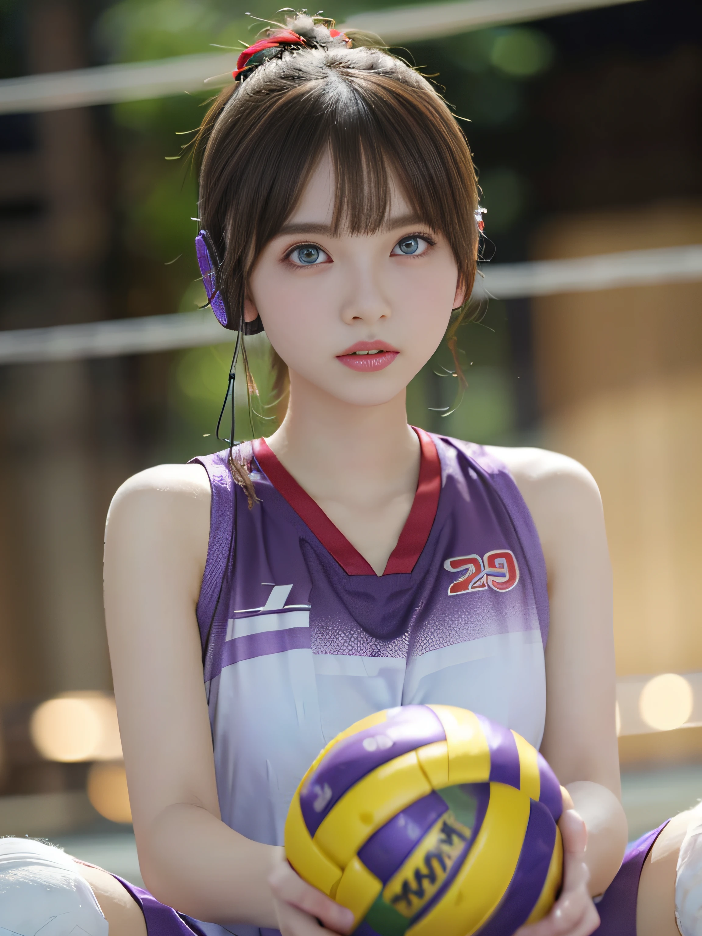 top-quality、​masterpiece、超A high resolution、(Photorealsitic:1.4)、Raw photo、1girl in、glowy skin、headset on head、((super realistic details))、portlate、globalillumination、Shadow、octan render、8K、ultrasharp、((delicate body shape))、Future hair ornament、(Red uniform of volleyball team:1.3)、((Colossal tits:1.4))、(Side Boo Boo), (skin tanned:1.4)、highly intricate detail、Realistic light、Metal shine、CGSoation Trends、(a purple eye:1.4)、(radiant eyes)、Facing the camera、neon details、Sitting holding a volleyball、Cyberpunk background、Small LED lamp、(Purple and green lighting from behind)、