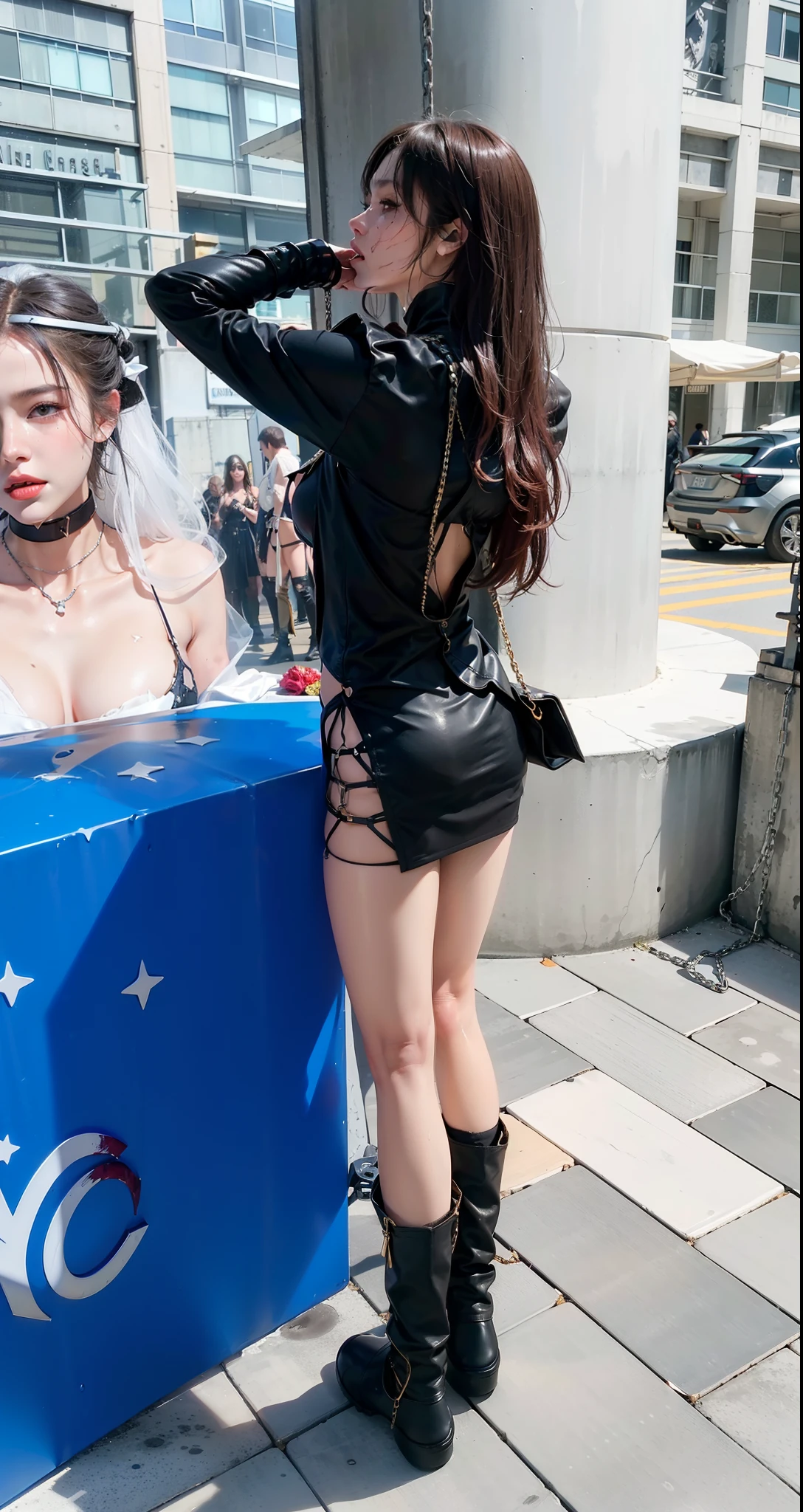 ,((Wearing a torn sheer costume of a superheroine)),(, No bra)), Wet crotch, Wet thighs, Beautiful girl with accentuated slender abs: 1.4, (((nipple tips protruding, areola is protruding, The shape of the pubic region is clearly visible)), sixpack abs: 1.4, Bust Botox, Photo, Sharpness, Unique 850 4, Koda850 k portrait camera, F1.6 shots, Ultra-realistic textures, Spectacular light textures, Cinestil 800 Fashion Mechanics, (futuristic sci-fi battle fashion: 1.1), (tied perfectly by chain), Restraint, Slaves, collars, ((wide prison with sunlight)), Dark fantasy, Realistic material details, extreme hight detail, Ultra-realistic materials ((Torn costume))), Wet, Cloudy, (Chained)), ((big emphasized by chains)), ((chains digging into crotch)), ( (Collar)), (, No bra), shredded costumes, broken golden shields and battle spears,, White combat gloves, Combat shoulder armor, Blood splattered on the face, Blood splattered, Realistic, (Bruises, Dirty, ripped clothing, skimpy clothing, Blood: 1.3), Torn Cape, Torn pantyhose, Long legs, ((iron pipe in the crotch)), Metallic shackles and fetters, ((chains hung from heaven)), Wet crotch is clearly visible, Swarovski's sword and the anatomy beneath his feet, (futuristic sci-fi battle fashion, Torn mesh stockings),