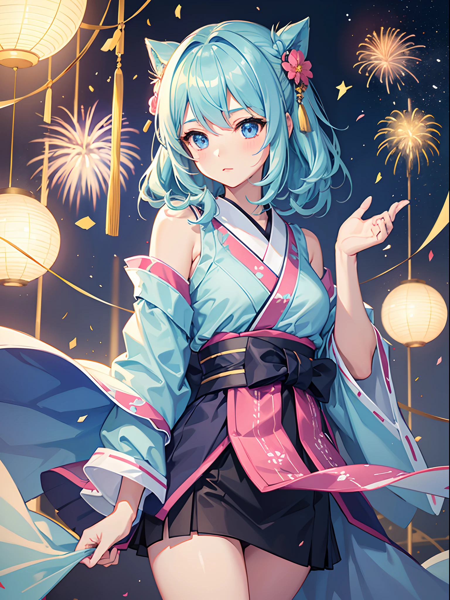 1girl in,Light Svert Medium Hair,Tying hair,Light blue eyes,Cute,blush,medium breasts, kimono skirt, firework, Best Quality++,Highest Quality++, Line,