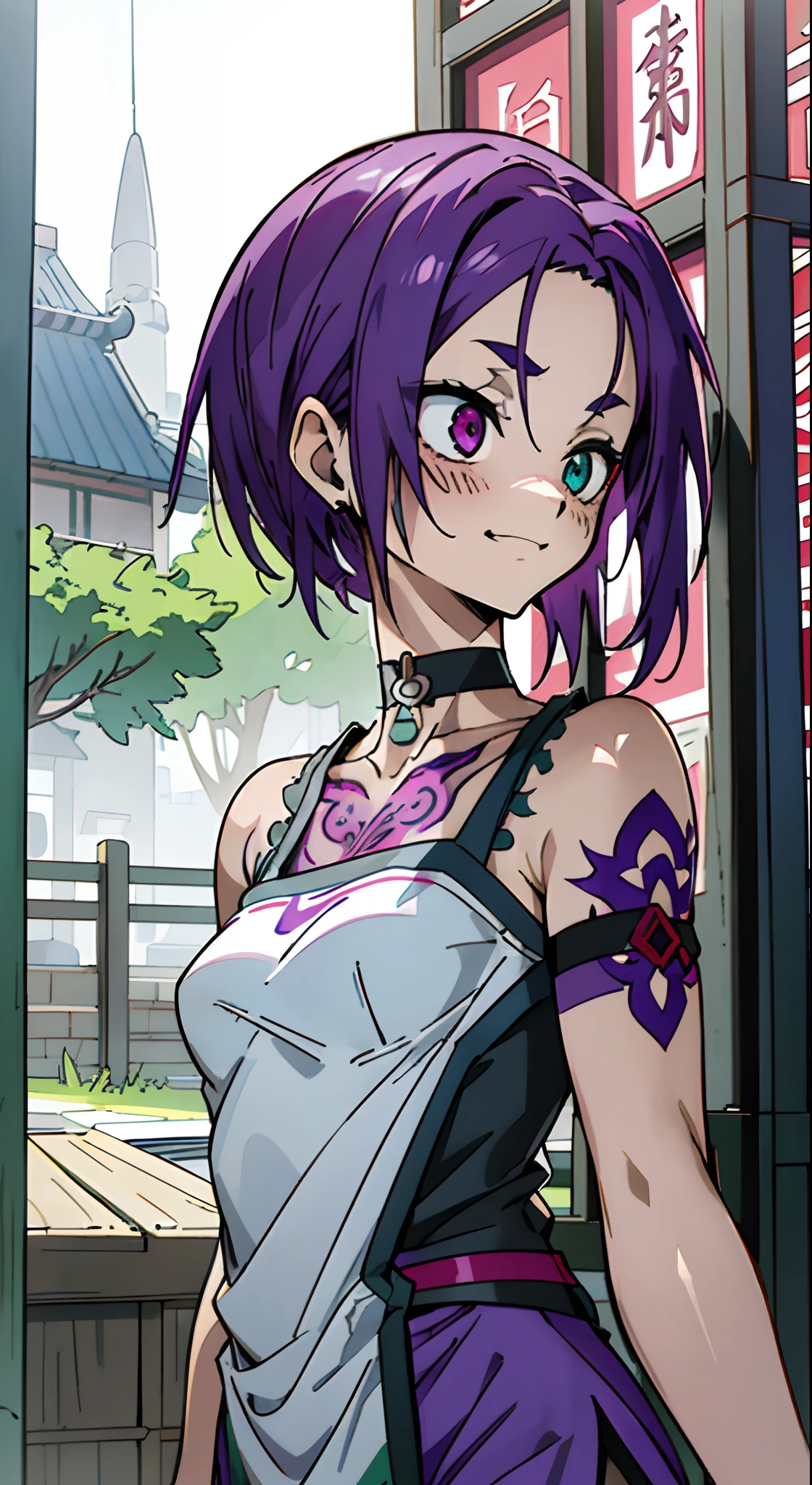 masutepiece, Best Quality, Ultra-detailed, Colorful,Up-close, Hyper-detailing，purple color  hair, Reo Mikage, Blue Lock, no sleeves, Camisole and cheongsam, lower body only cheongsam, chinese clothes, Chest exposure, Underwear, Ruffled underwear, Metamorphosis is exposed, Choker, Black Choker, arm warmer, Relative area, a belt, The tattoo, arm tattoos, Dragon tattoo, body tattoo, face tattoo, Sexy breasts, Scar, Big breasts, red blush, 1girl in, Solo, Sharp face, Heterochromia, Green eyes, Purple eyes, Bare neck, Happy face, rays of sunshine, Beautiful sky, shining sky, Shanghai Village, Slums