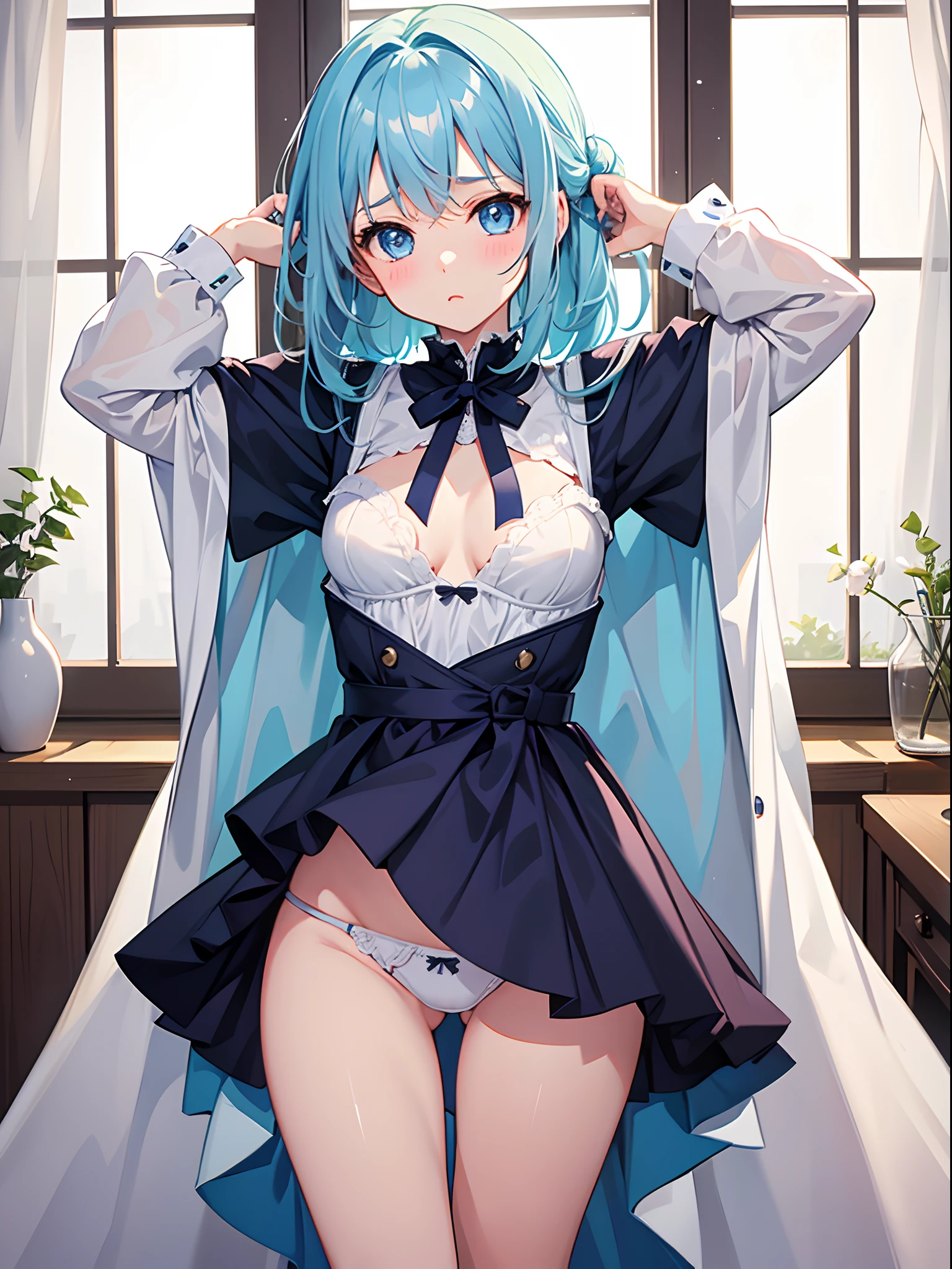 1girl in,Light Svert Medium Hair,Tying hair,Light blue eyes,Cute,blush,medium breasts⁩, Roomwear, Underwear is visible, Best Quality++,Highest Quality++, Line,