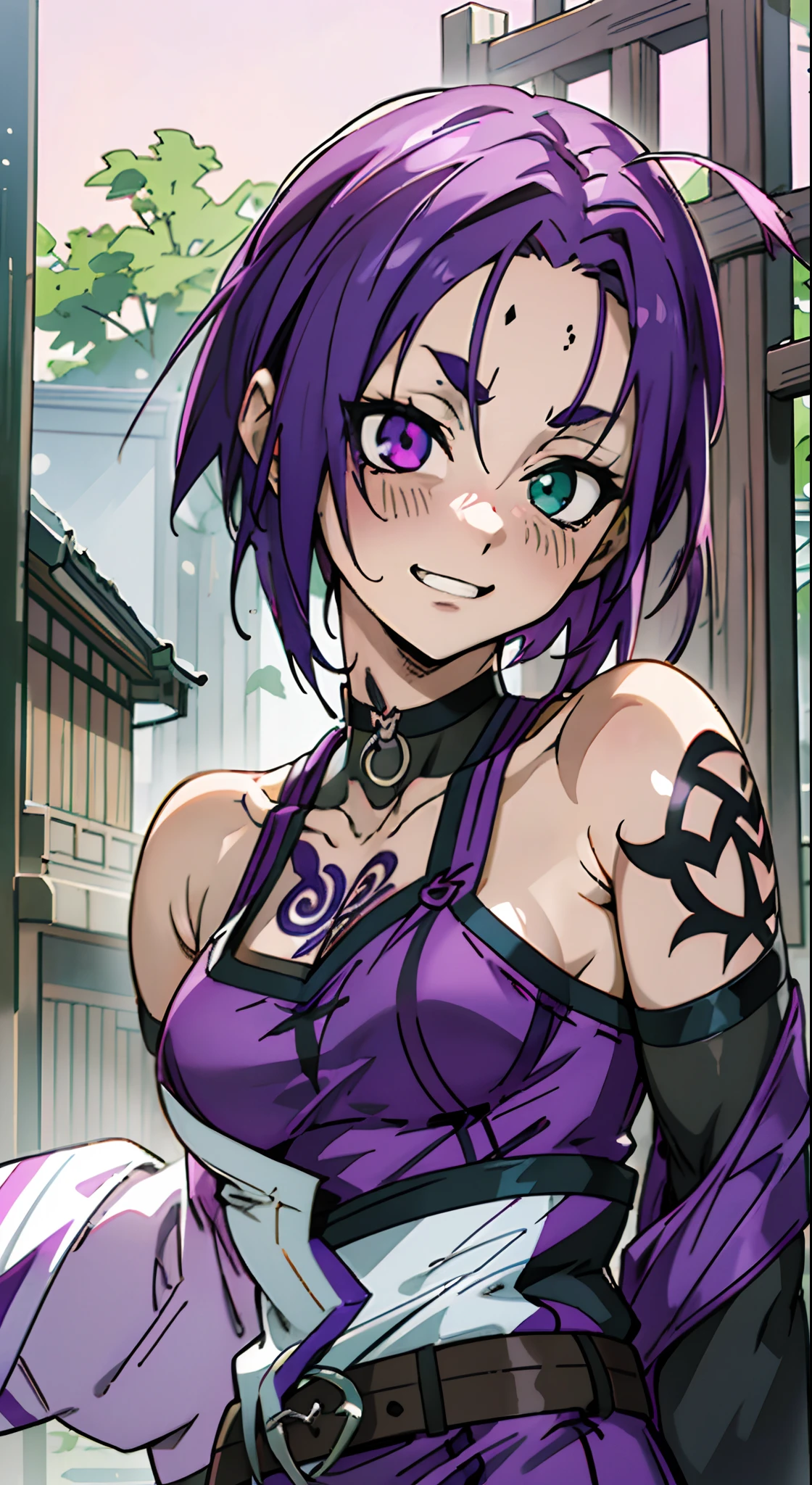 masutepiece, Best Quality, Ultra-detailed, Colorful,Up-close, Hyper-detailing,purple color hair, Reo Mikage, Blue Lock, no sleeves, Camisole and cheongsam, lower body only cheongsam, chinese clothes, Chest exposure, Underwear, Ruffled underwear, Metamorphosis is exposed, Choker, Black Choker, arm warmer, Relative area, a belt, The tattoo, arm tattoos, Dragon tattoo, body tattoo, face tattoo, Sexy breasts, Scar, Big breasts, red blush, 1girl in, Solo, Sharp face, Heterochromia, Green eyes, Purple eyes, Bare neck, Happy face, rays of sunshine, Beautiful sky, shining sky, Shanghai Village, Slums