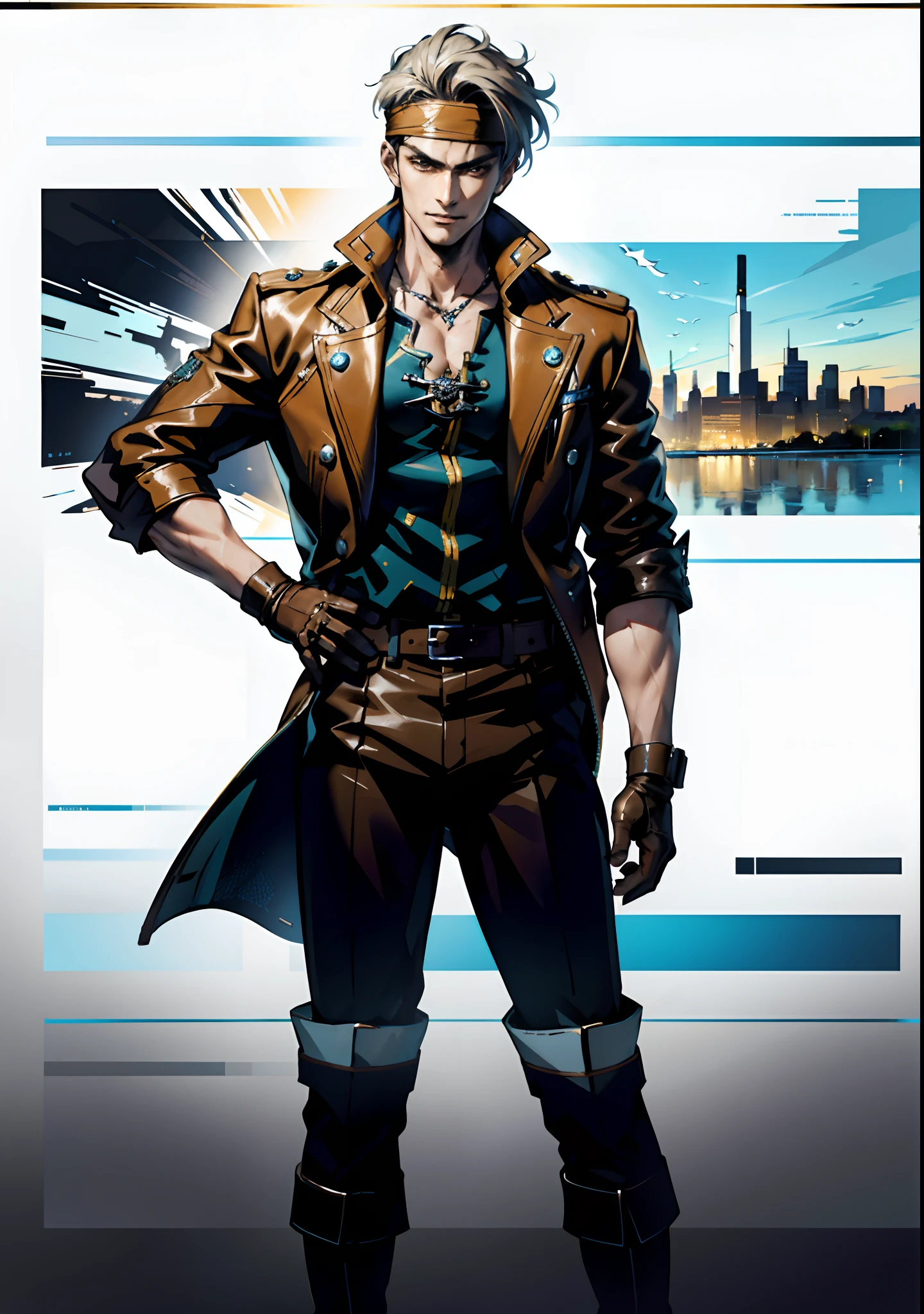A man with short gray hair, Wearing a brown headband, deep-set eyes, a determined expression, a smiling face, he is dressed in a two-piece fantasy pirate-style leather outfit, flowing lower hem, short sleeves, gloves, a belt around his waist, coarse fabric trousers, long leather boots, the color scheme includes yellow and light blue and black and red, he has a tall stature, stands with his right hand on his hip, exuding confidence, in the background showcases the raging sea with towering waves, in the distance a thriving city can be seen, this character embodies a finely crafted fantasy-style pirate in anime style, characterized by an exquisite and mature manga illustration art style, high definition, best quality, highres, ultra-detailed, ultra-fine painting, extremely delicate, professional, anatomically correct, symmetrical face, extremely detailed eyes and face, high quality eyes, creativity, RAW photo, UHD, 8k, Natural light, cinematic lighting, masterpiece:1.5