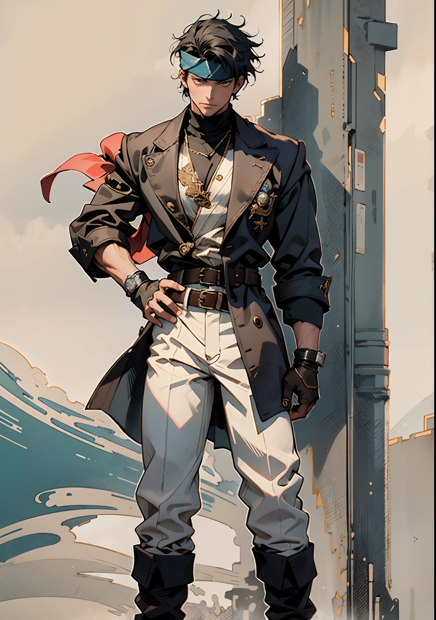 A man with short gray hair, Wearing a brown headband, deep-set eyes, a determined expression, a smiling face, he is dressed in a two-piece fantasy pirate-style leather outfit, flowing lower hem, short sleeves, gloves, a belt around his waist, coarse fabric trousers, long leather boots, the color scheme includes yellow and light blue and black and red, he has a tall stature, stands with his right hand on his hip, exuding confidence, in the background showcases the raging sea with towering waves, in the distance a thriving city can be seen, this character embodies a finely crafted fantasy-style pirate in anime style, characterized by an exquisite and mature manga illustration art style, high definition, best quality, highres, ultra-detailed, ultra-fine painting, extremely delicate, professional, anatomically correct, symmetrical face, extremely detailed eyes and face, high quality eyes, creativity, RAW photo, UHD, 8k, Natural light, cinematic lighting, masterpiece:1.5