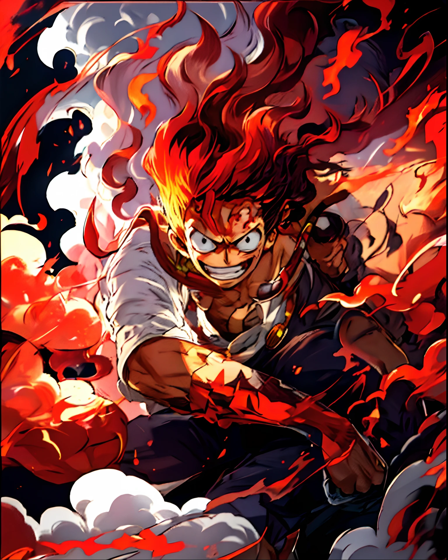 uma imagem de desenho animado de um garoto com um cabelo branco , Engrenagem Luffy 5, Anime Wallaper, (fire), badass anime 8 k,