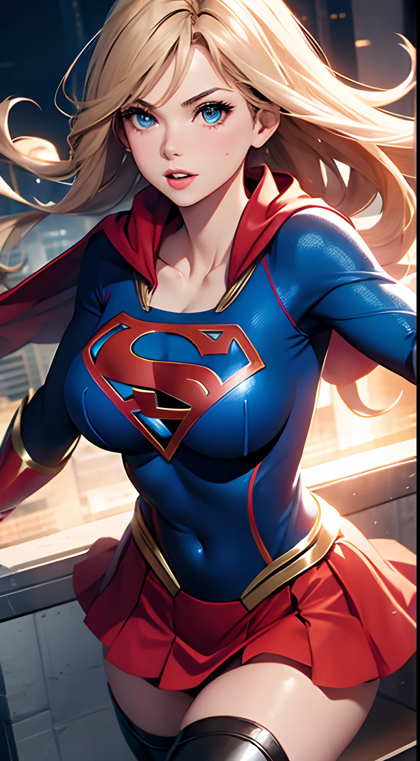 Woman body set big breasts，Supergirl costume dress，(little breast:1.4)，blond hairbl，having fun，Be red in the face，short  skirt