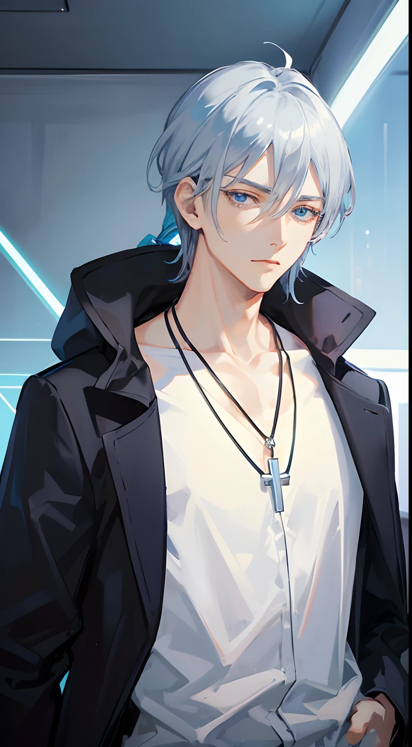 hightquality、Transcendent Beauty Young Man、Cool handsome man、(shiny blue hair)、、(Braided straight short hair)、Light blue eyes、Kuroko under the right eye、((Black coat and silver necklace))、Zito-order、Straight face、glamor