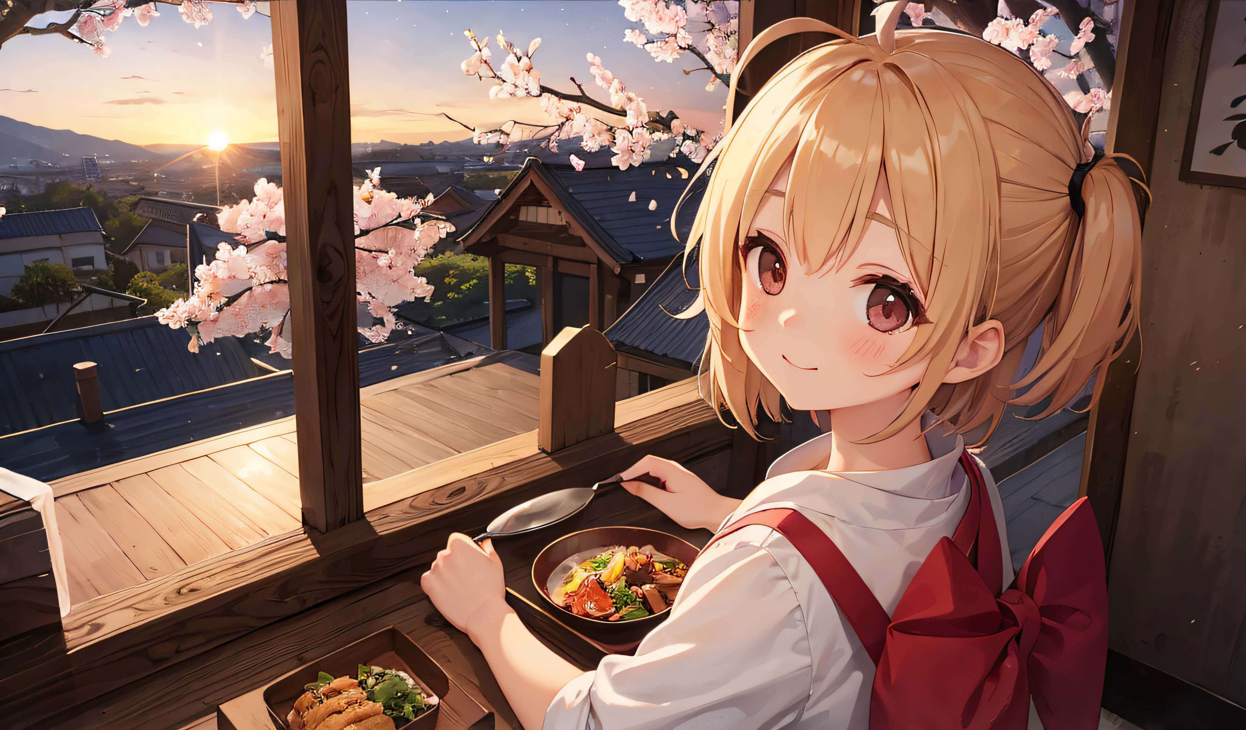 girl holding a drink having dinner, vista of cherry blossom trees at sunset