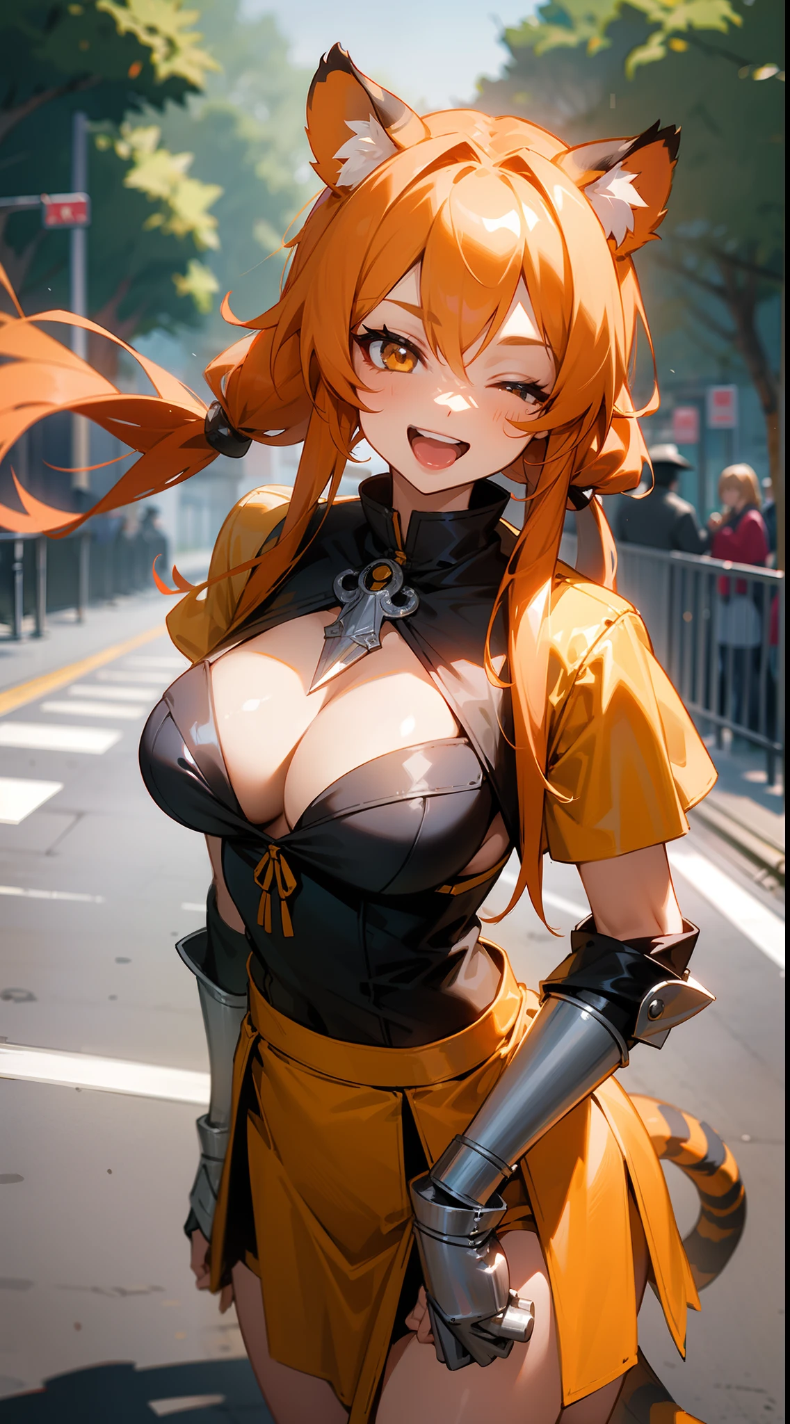 1girl,30s,tall,mature female,tiger tail,tiger ears,long hair,long twintails hair,orange hair,solo,templar silver knight outfit,knight,golden long chainmail skirt,happy face,smile,open mouth,cleavage,(standing in a road),medium breasts,large thighs,one eye closed,hd,masterpiece,8k,cowboy shot