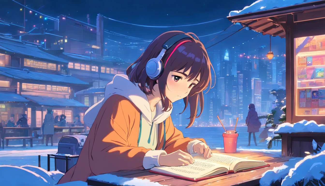 (zero), Girl in winter garden, reading a book with coffe, Wear headphones, wear shawl, , cozy night lights, Neon landscape on a snowly day, Analog Color Theme, Lo-Fi Hip Hop , retrospective, flat, 2.5D ,Draw a line, Ink Drawing, Large slope, Watercolor painting, Goosch Colors, Studio Ghibli Style, Awesome colorful, Outer Ton, Synthwave, lofi art,90s style,Old texture, amplitude,90s vibe, masutepiece, Tremendous technology, 16:9 scale