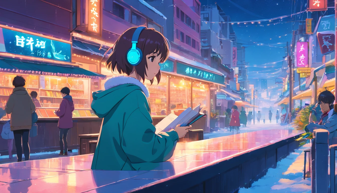 (zero), Girl in winter garden, reading a book with coffe, Wear headphones, wear shawl, , cozy night lights, Neon landscape on a snowly day, Analog Color Theme, Lo-Fi Hip Hop , retrospective, flat, 2.5D ,Draw a line, Ink Drawing, Large slope, Watercolor painting, Goosch Colors, Studio Ghibli Style, Awesome colorful, Outer Ton, Synthwave, lofi art,90s style,Old texture, amplitude,90s vibe, masutepiece, Tremendous technology, 16:9 scale