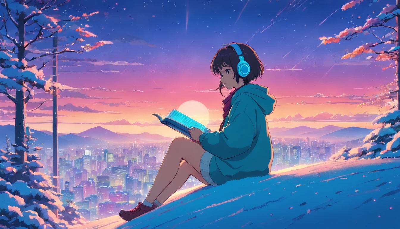 (zero), Girl in winter garden, reading a book with coffe, Wear headphones, wear shawl, , cozy night lights, Neon landscape on a snowly day, Analog Color Theme, Lo-Fi Hip Hop , retrospective, flat, 2.5D ,Draw a line, Ink Drawing, Large slope, Watercolor painting, Goosch Colors, Studio Ghibli Style, Awesome colorful, Outer Ton, Synthwave, lofi art,90s style,Old texture, amplitude,90s vibe, masutepiece, Tremendous technology, 16:9 scale