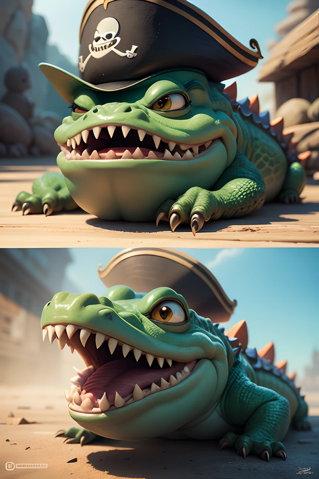 Funny Funny Pirate and Funny Funny Crocodile, a closeup of a, Disney Pixar's cartoon style, many details