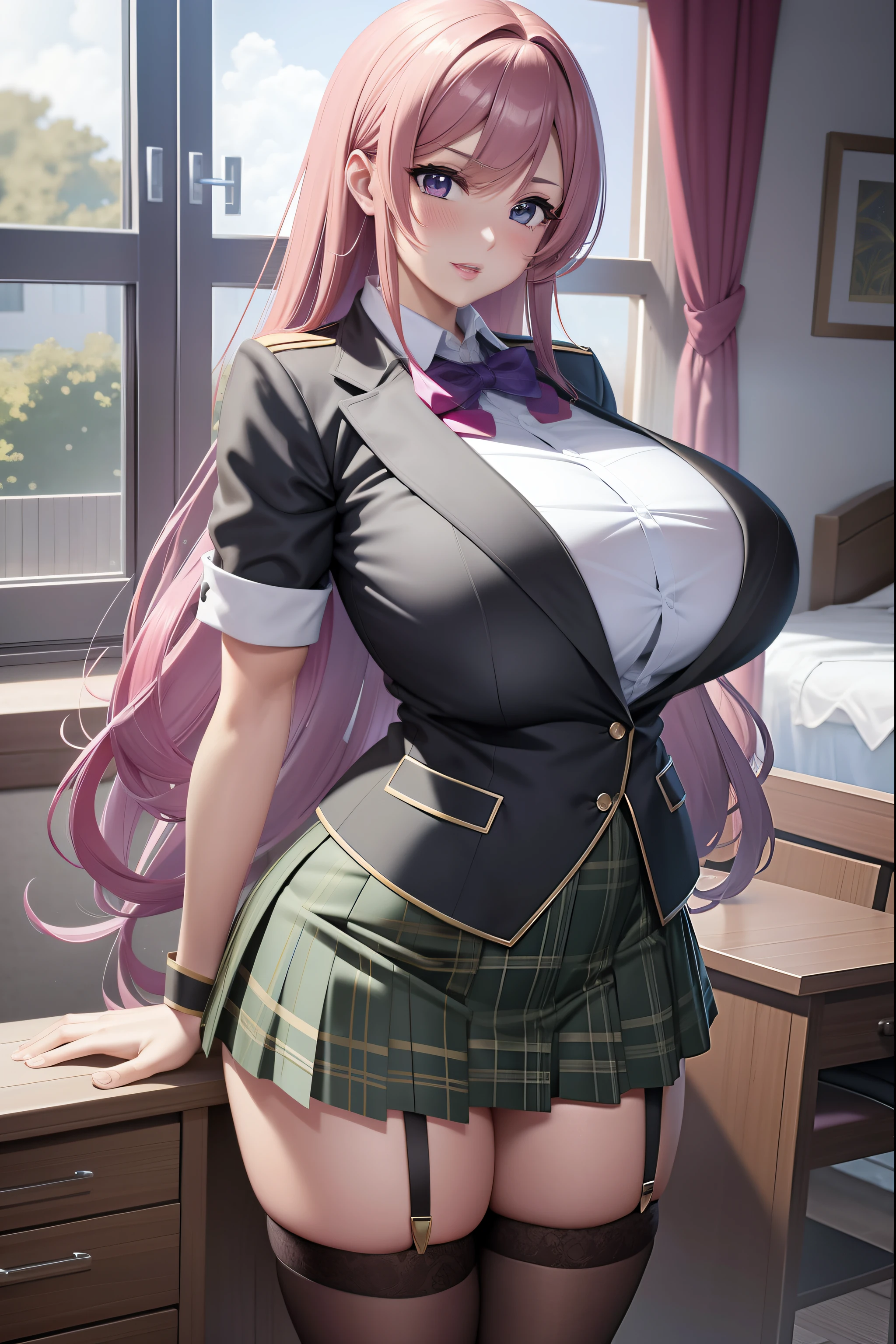 Chica de anime en uniforme posando frente a una ventana, Una colegiala hiperrealista, con unos pechos grandes, Colegiala hiperrealista, seductora chica de anime, Colegiala realista, Hermosa chica de secundaria de anime, pechos grandes!, con senos grandes, Marin Kitagawa Fanart, Anime CG arte suave, [ Arte digital 4K ]!!, OPPAI, pechos grandes!!