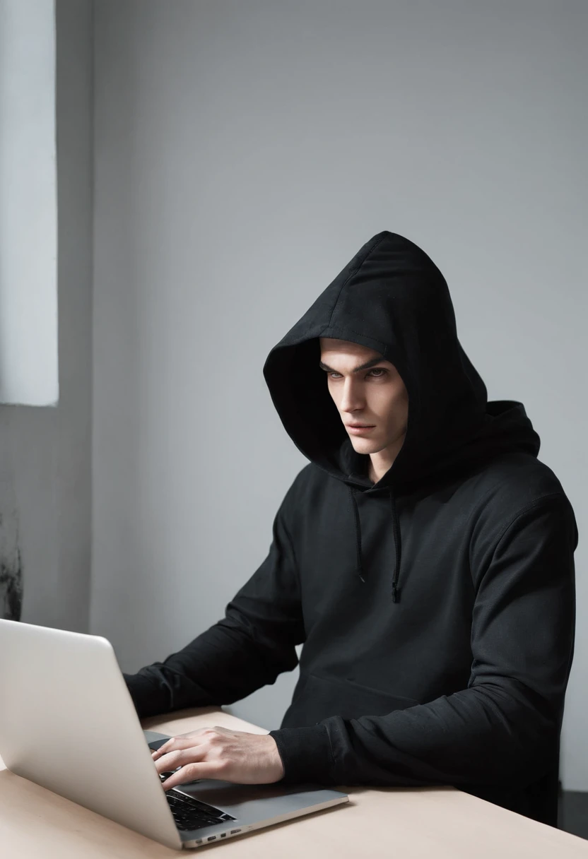 A violent male wizard in a black hoodie is sitting working on a laptop with a cup of coffee on his desk