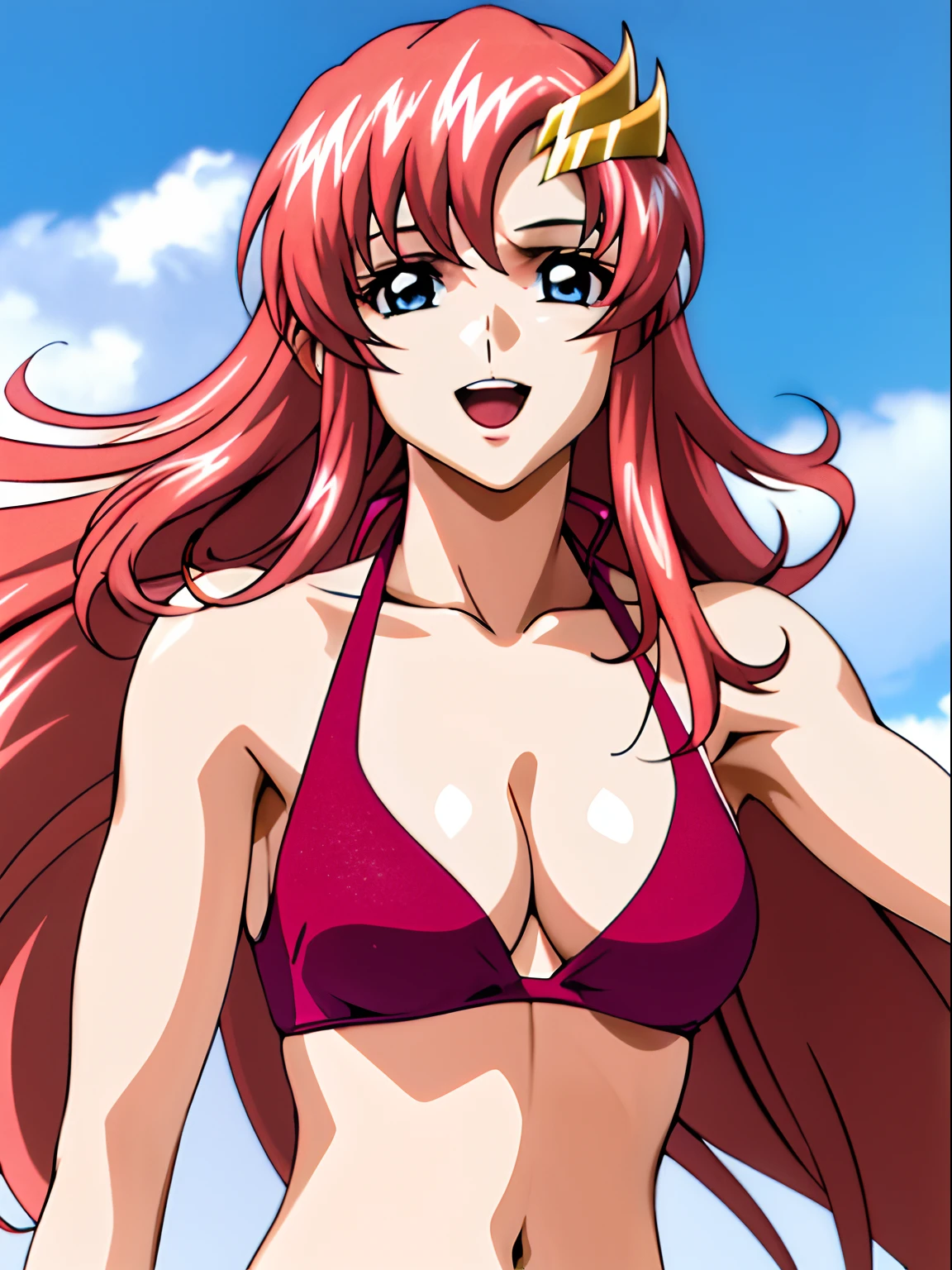 (masterpiece, upper body view, 4K, Best Quality, Anime style: 1.9,, Adult Woman, ultra detailed face, (cloud background, wrestling), Drawing lines, high resolution, Anime, lacus4), 1girl, Solo, curvy figure, Long hair, 鎖骨, scapular, (Detailed wide hair bangs, Hair Ornament, Detailed reddish-pink hair, golden crest), cleavage, large hands, (female wrestler). (Big blue eyes, shiny eyes), ((female pro wrestler, little biceps, slender body, off-shoulders, closed fists)), ((perfect proportions, medium breasts, long belly)), (((bikini, pink wrestling gear, champion))), happy, smile, open mouth, (standing, looking at the viewer), showing off underarm,