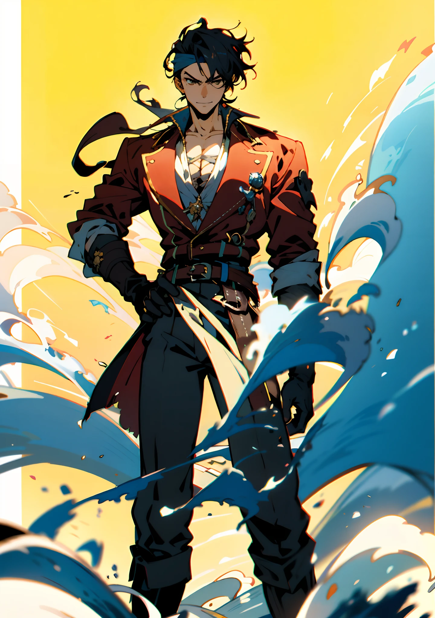 A man with short gray hair, Wearing a brown headband, deep-set eyes, a determined expression, a smiling face, he is dressed in a two-piece fantasy pirate-style leather outfit, flowing lower hem, short sleeves, gloves, a belt around his waist, coarse fabric trousers, long leather boots, the color scheme includes yellow and light blue and black and red, he has a tall stature, stands with his right hand on his hip, exuding confidence, in the background showcases the raging sea with towering waves, in the distance a thriving city can be seen, this character embodies a finely crafted fantasy-style pirate in anime style, characterized by an exquisite and mature manga illustration art style, high definition, best quality, highres, ultra-detailed, ultra-fine painting, extremely delicate, professional, anatomically correct, symmetrical face, extremely detailed eyes and face, high quality eyes, creativity, RAW photo, UHD, 8k, Natural light, cinematic lighting, masterpiece:1.5