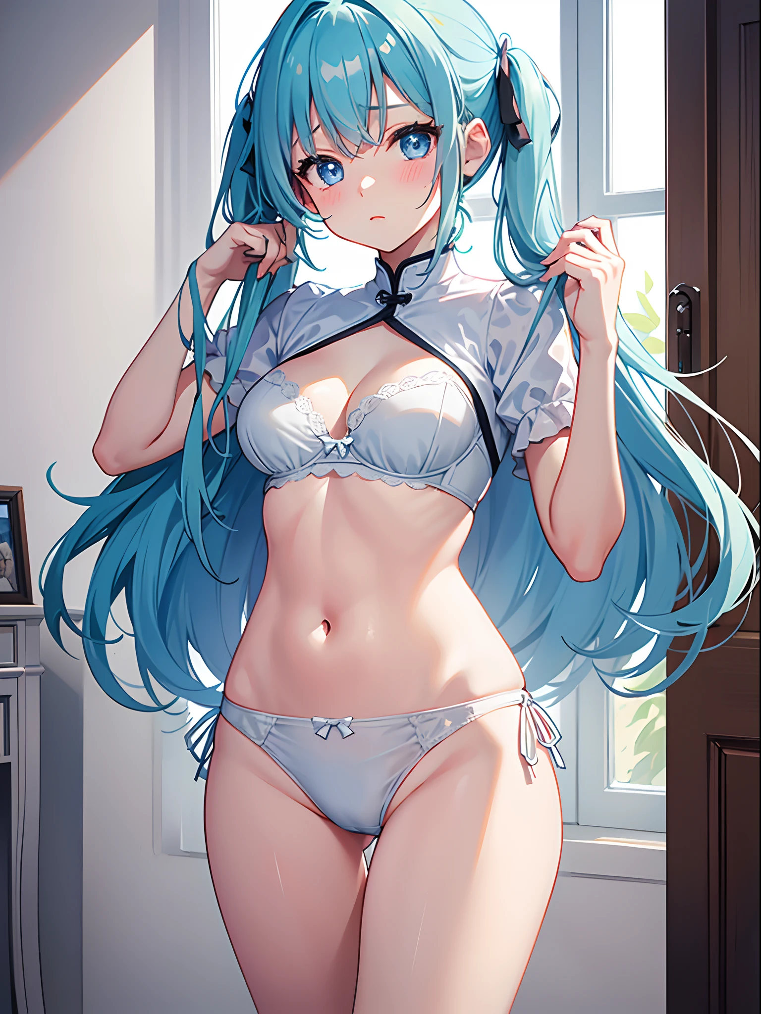 1girl in,Light Svert Medium Hair,Tying hair,Light blue eyes,Cute,blush,medium breasts, Roomwear, Underwear is visible, Best Quality++,Highest Quality++, Line,