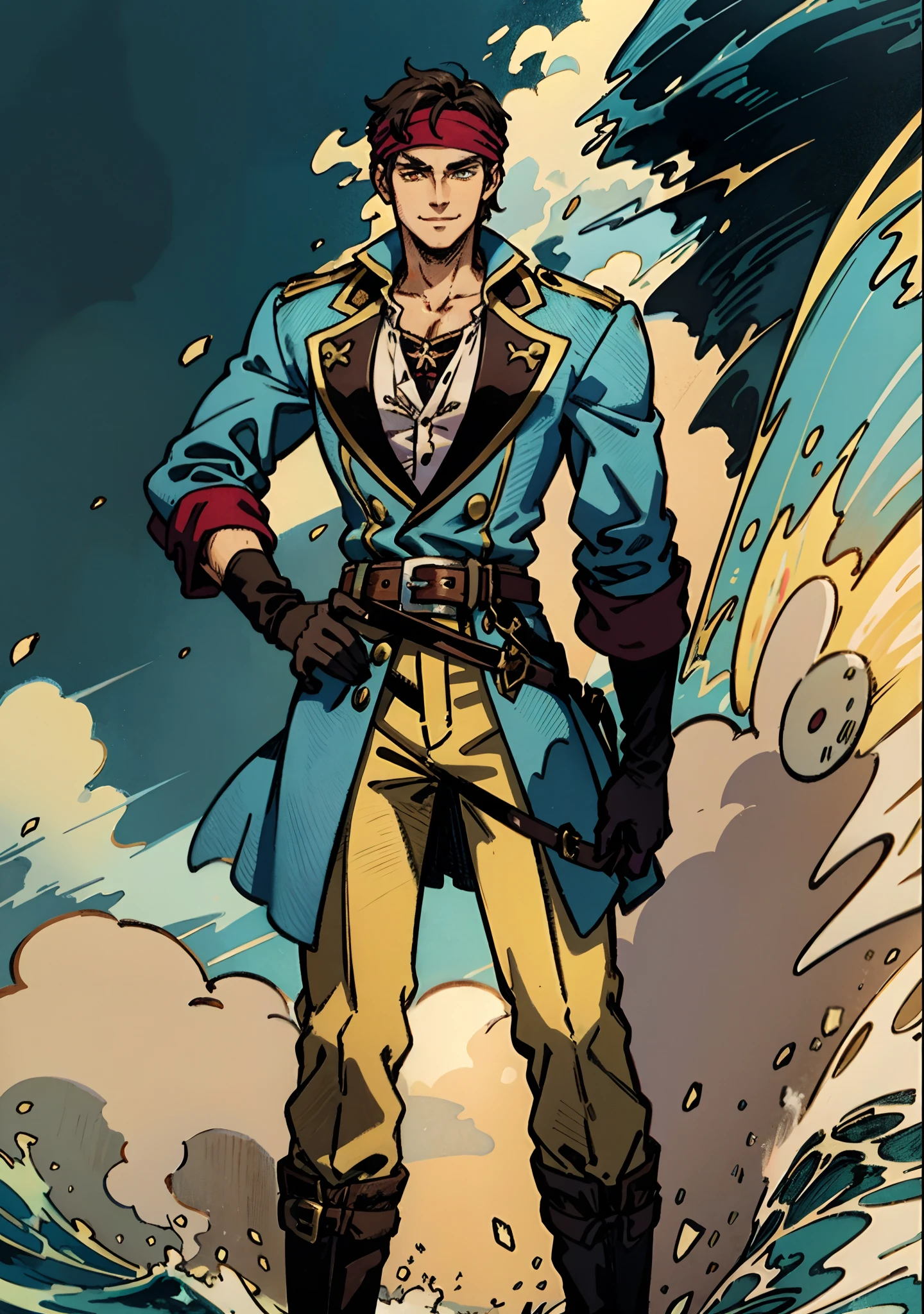 A man with short gray hair, Wearing a brown headband, deep-set eyes, a determined expression, a smiling face, he is dressed in a two-piece fantasy pirate-style leather outfit, flowing lower hem, short sleeves, gloves, a belt around his waist, coarse fabric trousers, long leather boots, the color scheme includes yellow and light blue and black and red, he has a tall stature, stands with his right hand on his hip, exuding confidence, in the background showcases the raging sea with towering waves, in the distance a thriving city can be seen, this character embodies a finely crafted fantasy-style pirate in anime style, characterized by an exquisite and mature manga illustration art style, high definition, best quality, highres, ultra-detailed, ultra-fine painting, extremely delicate, professional, anatomically correct, symmetrical face, extremely detailed eyes and face, high quality eyes, creativity, RAW photo, UHD, 8k, Natural light, cinematic lighting, masterpiece:1.5