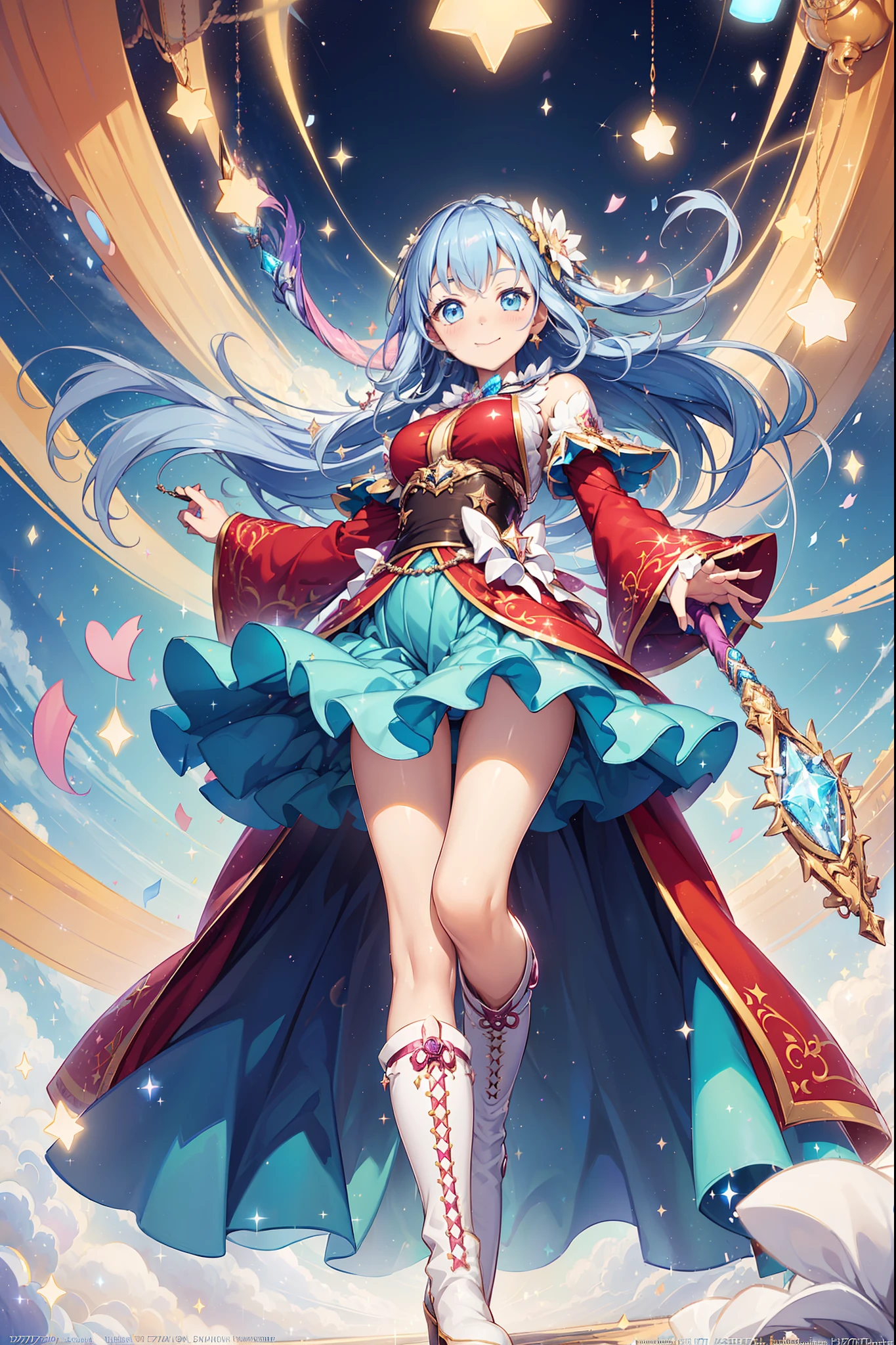 ((magical little girl)), ((Gorgeous starry sky background)), ((Ultra-detailed)), ((Best Illustration)), ((Cinematic lighting)), Dynamic Angle, Floating, finely detailed,(Transparent outer skirt and streamers:1.1), (glitters:1.2), (Sparkle:1.2), (Shine:1.2),  (Best quality), (Masterpiece:1.2), (Anime style), (Solo), Beautiful detailed face, (Cute face:1.3), Colorful hair, (Long hair:1.2), (Floating hair:1.2), (Love magic girl costume), detailed outfits, (Sparkling wand:1.3), (Magical effect:1.3), (Flowing skirt:1.2), (Cute boots:1.1), (Transparent fabric:1.1), (Twinkle:1.2), (Glow:1.2), (Radiance:1.2), (Flicker:1.2), (Dazzle:1.2),(The magic of love:1.3),Pink white tones，