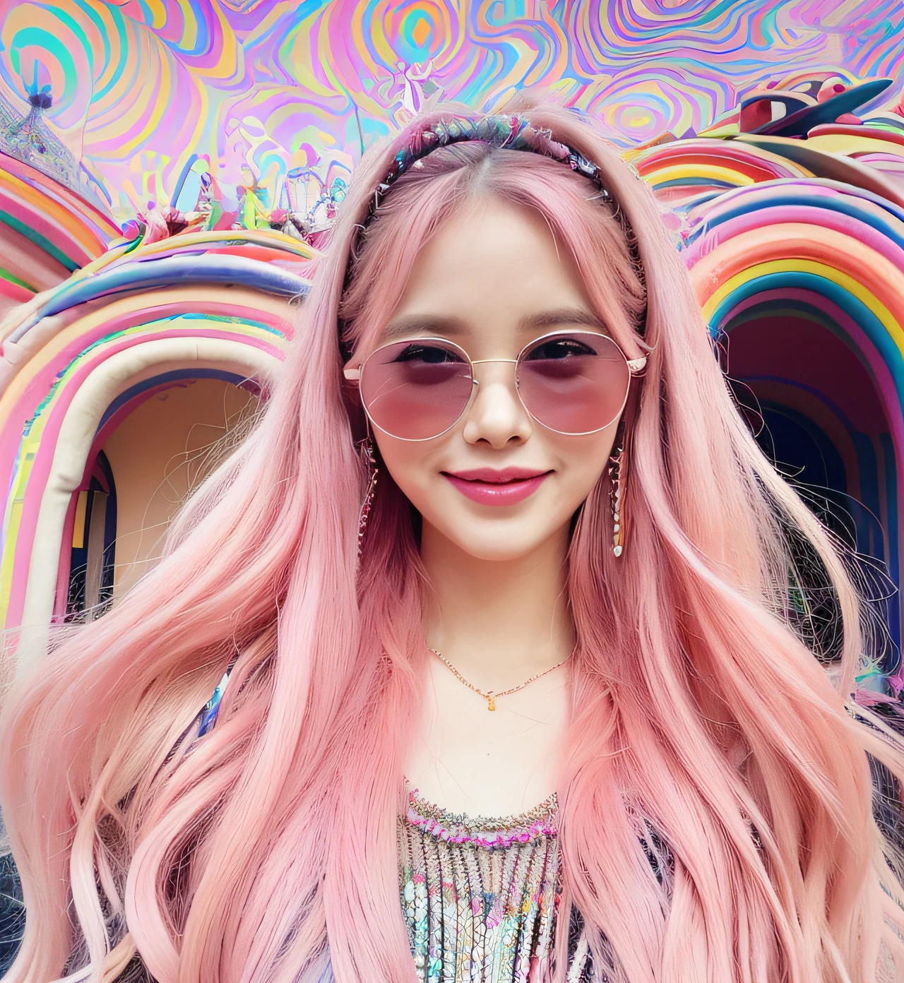 (extra detailed body、extra detailed face、best qualtiy:1.2)、femele、looking at the viewers、(29 years old、a smile、Pink sunglasses、A pink-haired、Clothes with lots of colorful drapes、piercings、a necklace、Hair ornament larger than the head)、(Pink psychedelic architecture on background:1.4)、Midjourney Worldview