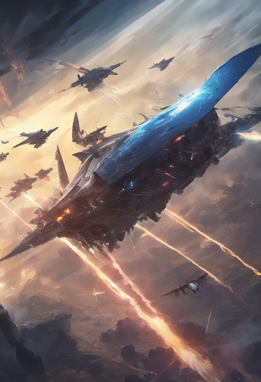 Surrounded by lightning, super detailed, Realistic, shiny, Reflective, cosmic space、Planes、Airplane only、Blue、1 machine、mechs、flight、Fighters