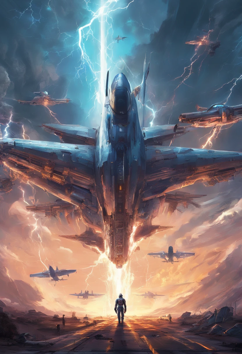 Surrounded by lightning, super detailed, Realistic, shiny, Reflective, cosmic space、Planes、Airplane only、Blue、1 machine、mechs、flight、Fighters