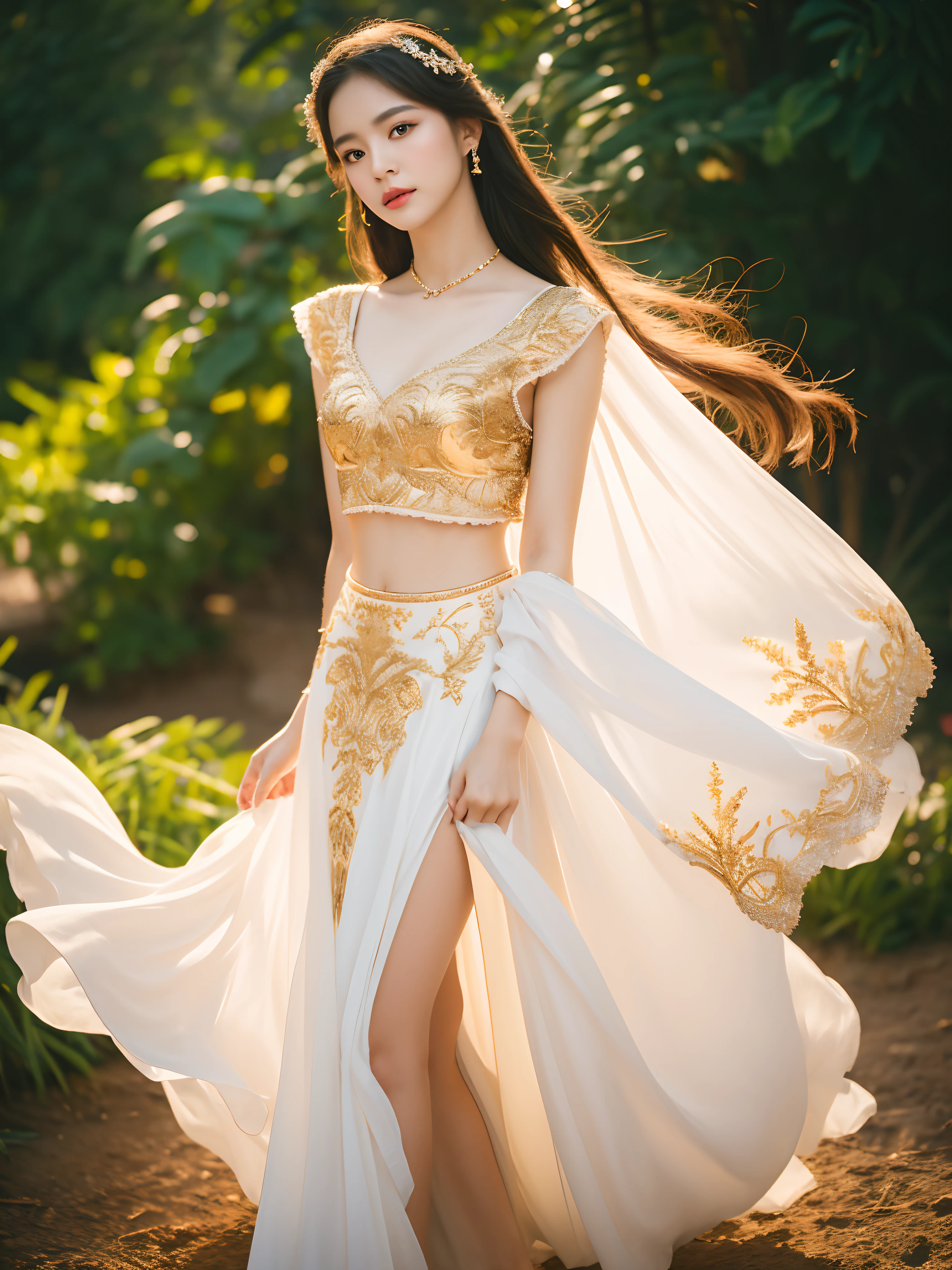 A woman in a white dress with gold embroidery and a high-slit skirt, full body, white background, blurry background, (high detailed skin:0.8),8k UHD quality, taken with a DSLR camera with soft lighting, HDR, warm light, high quality, film grain, and a Fujifilm XT3 lens.