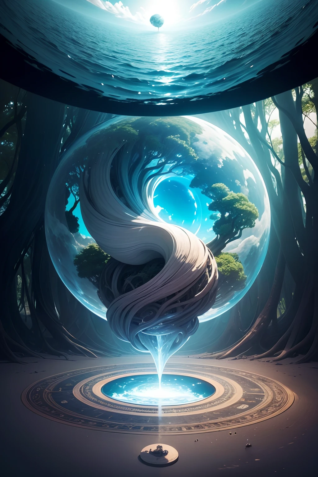 Create an inverted world within a circular frame. Imagine a surreal landscape where the laws of physics and reality are reversed inside the confines of a perfect circle. Picture skies beneath the ground, trees with roots stretching towards the heavens, and oceans hanging in the air. Buildings should defy gravity, and people and animals should move freely along surfaces that would be impossible in our world. Depict a mesmerizing and mind-bending scene within the circular boundary, where the very essence of nature and physics appears to be turned on its head.