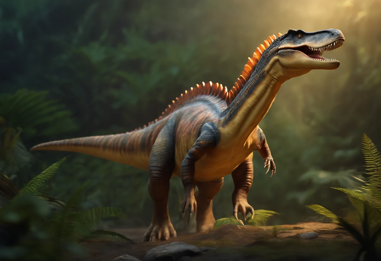 front view of a spinosaurus serene personality friendly, cute charming, they have scales or feathers that reflect sunlight in a myriad of colors,cartoon, realistic, HD, real, animation, full view
