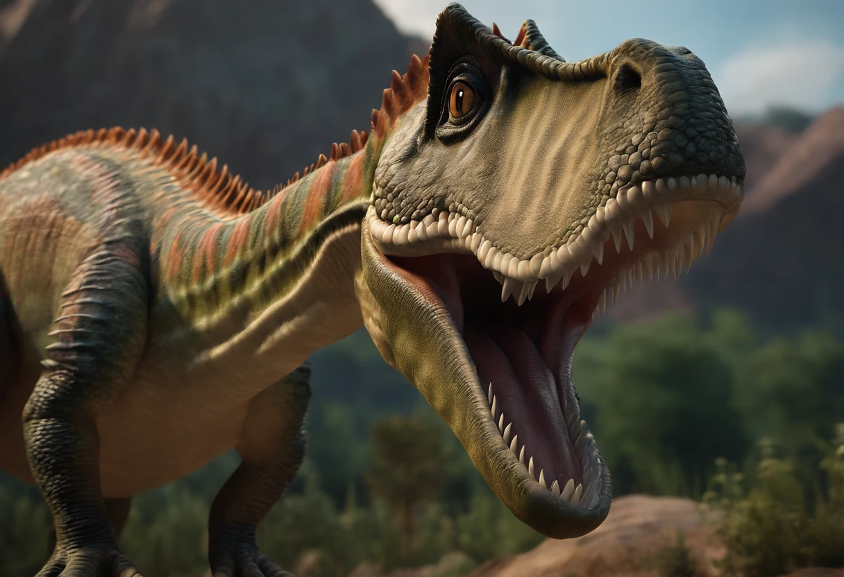 front view of a spinosaurus serene personality friendly, cute charming, they have scales or feathers that reflect sunlight in a myriad of colors,cartoon, realistic, HD, real, animation, full view
