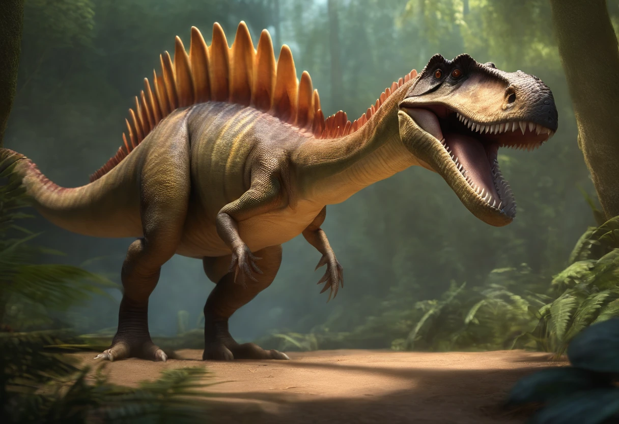 front view of a spinosaurus serene personality friendly, cute charming, they have scales or feathers that reflect sunlight in a myriad of colors,cartoon, realistic, HD, real, animation, full view