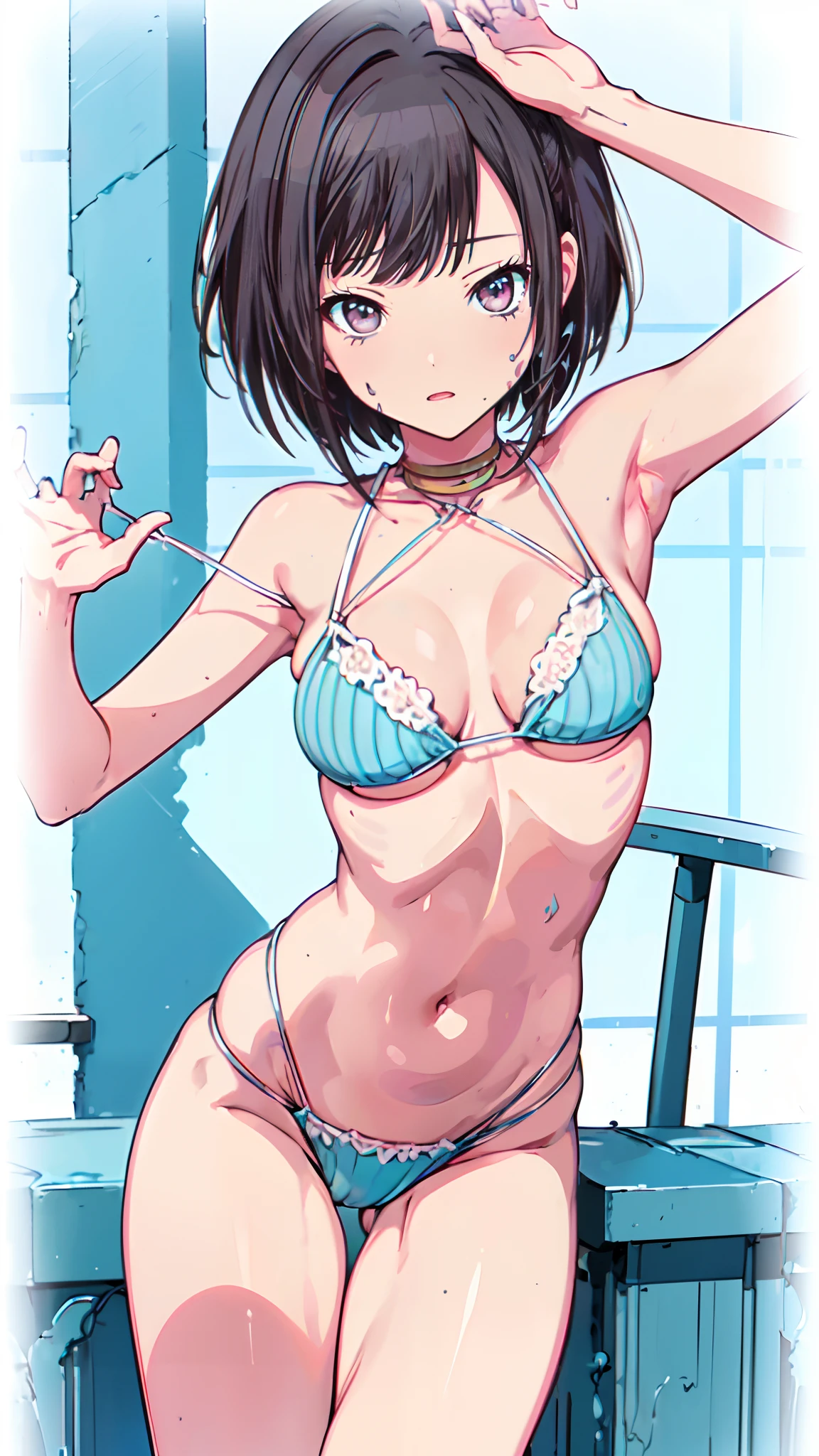 ((Light blue string bikini Inviting..)) (show genitals clearly av pose Very detailed down to the smallest detail clear outlines Beautiful face Beautiful skin) thin-waist A slender ribbed skinny limbs teats cleavage of the breast Beautiful breasts a short bob Beautiful fingertips Pink Nails Anime style