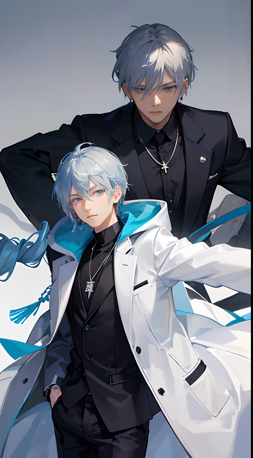 hightquality、Transcendently beautiful young man、Cool handsome man、(Lustrous blue hair)、、(Braided straight short hair)、Light blue eyes、Kuroko under the right eye、((Black coat and silver necklace))、Zito-order、Straight face、glamor