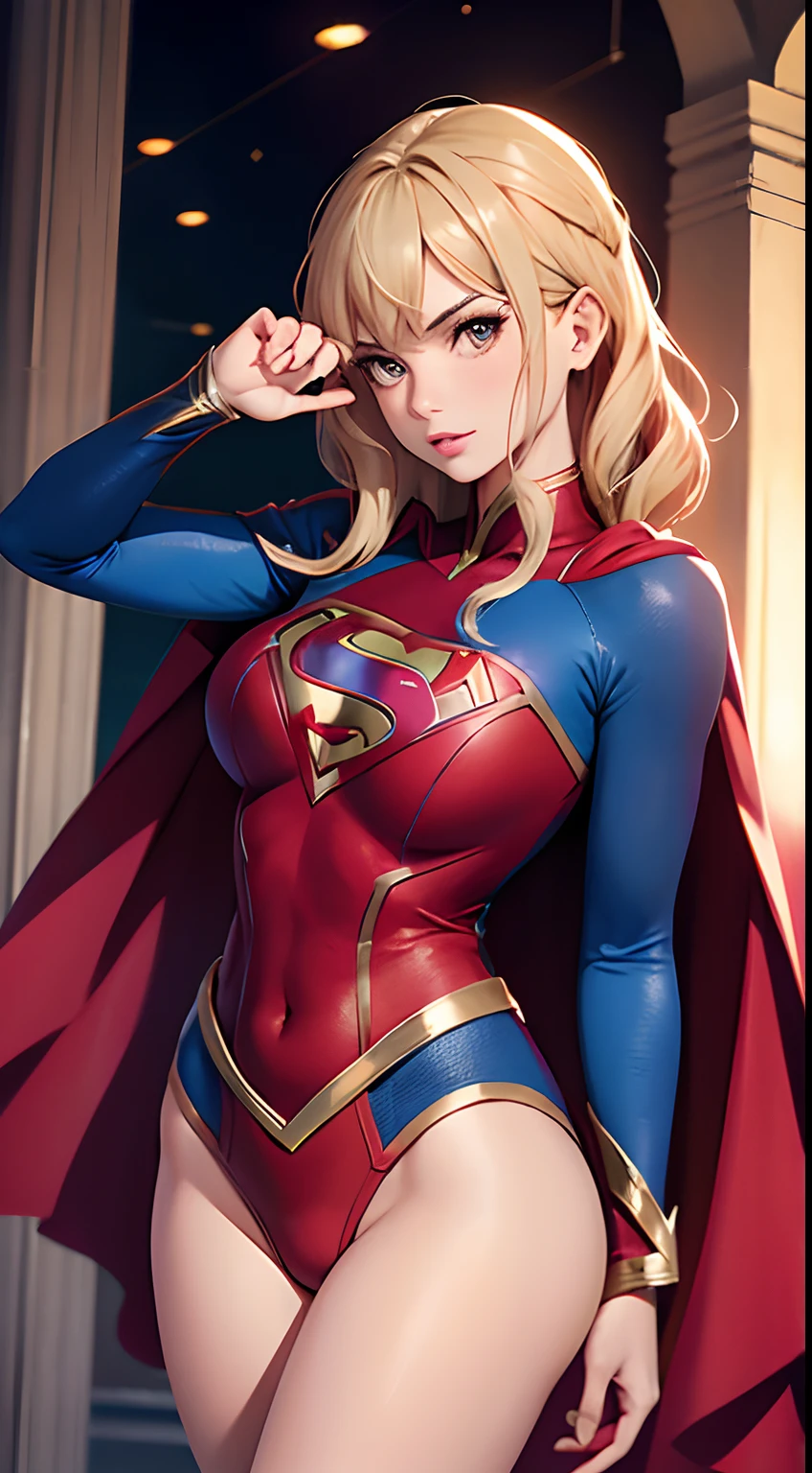 Mulher corpo definido seios grandes, vestido fantasia de Supergirl, pose sensual
