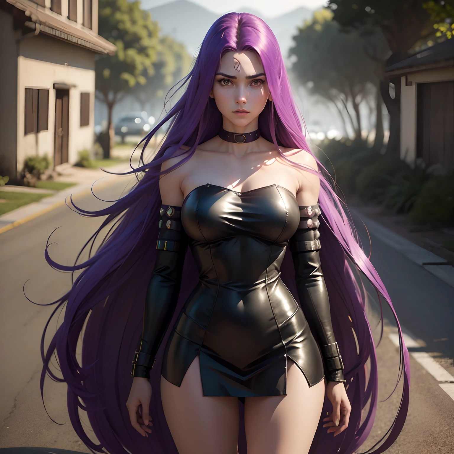 ((Personagem hyper realista)), (Medusa de 25 anos), Grande Ordem do Destino, ((defronte, (corpo inteiro), corpo perfeito, corpo intrincado)), pernas grossas, long hair, cabelo roxo, (vestido curto preto), gargantilha roxa, /Hiper realista, qualidade extrema, maximum details, max quality, Hyper realistic Cinematic lighting/