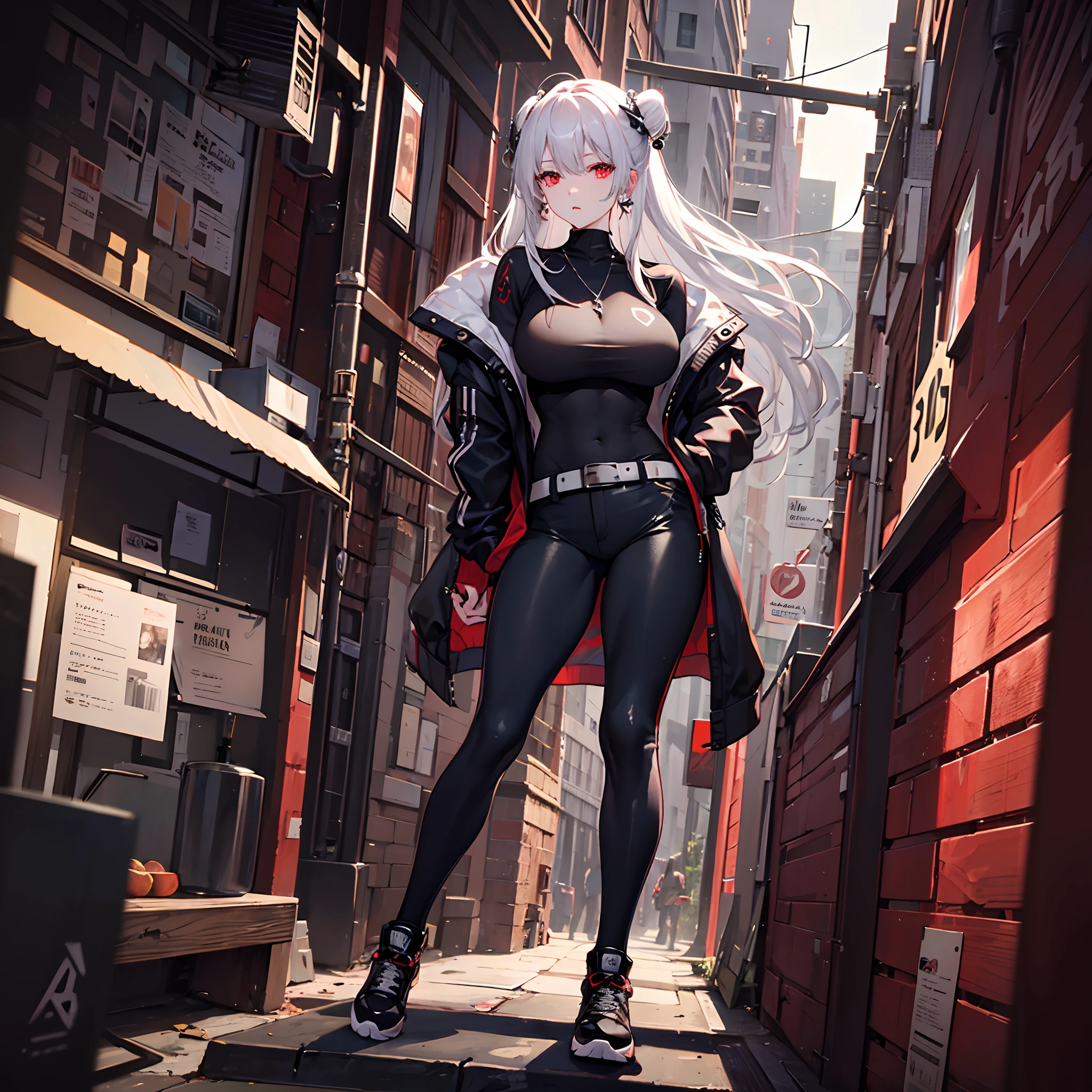 masterpiece,(bestquality),highlydetailed,ultra-detailed, pale hair:red eyes:1.5, expressionless, (Wing-like bangs), (Noticeable dullness)，(Dull hair)，(heavymetal:1.2), (metaljewelry), cross-lacedfootwear, (tight-fitting jacket), (tight-fitting pants), (belt), (sneakers)(long hair), (half-updo),assassin,(Hair rings)
