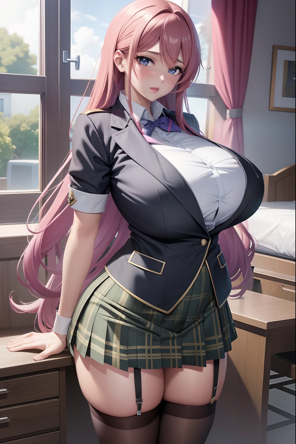 Chica de anime en uniforme posando frente a una ventana, Una colegiala hiperrealista, con unos pechos grandes, Colegiala hiperrealista, seductora chica de anime, Colegiala realista, Hermosa chica de secundaria de anime, pechos grandes!, con senos grandes, Marin Kitagawa Fanart, Anime CG arte suave, [ Arte digital 4K ]!!, OPPAI, pechos grandes!!