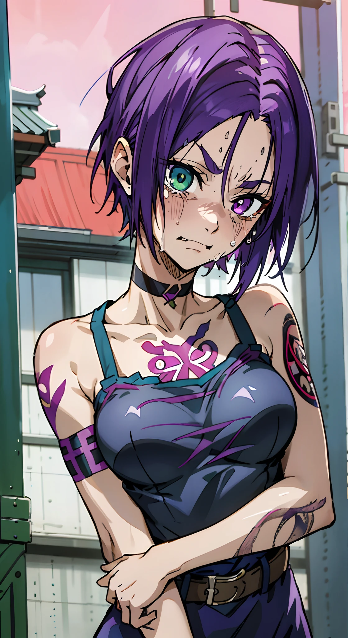 Scar, Scar face, 1girl in, Solo, Sharp face, Heterochromia, Green eyes, Purple eyes, Bare neck, Tears, Crying face