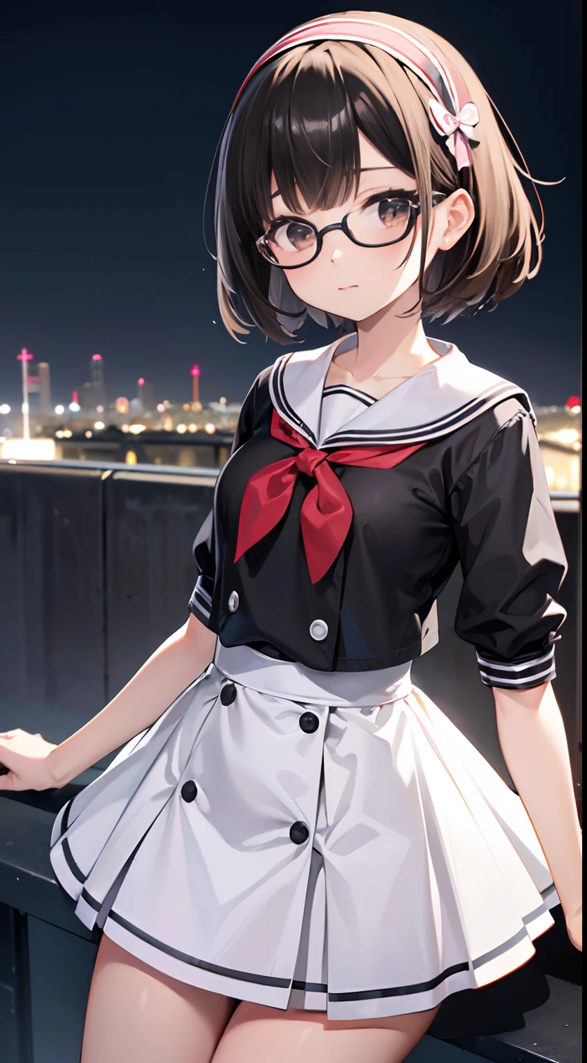 (masutepiece, Best Quality, Capture super cute moments, depth of fields, ultra-detailliert, Ultra High Resolution, C4D, Octadale, 3D Modeling, 8K, 16 K, one girls,a junior high school student, small tits,A dark-haired,short-hair,straight haired,Light brown eyes, horseshoe-shaped hairband,wearing black glasses,Cute face) 、Sailor ta、natta、On the roof of a building、nigh sky、neons