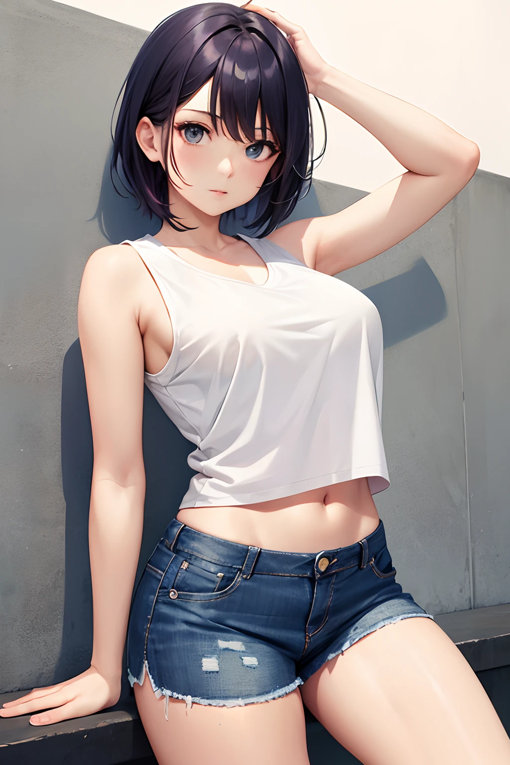 (((masterpiece, best quality, ultra highres, 1 girl, solo, no background))), super detailed skin and face and eyes and finger, beautiful japanese woman, small breasts:1.5, skinny, light brown hair, white background, very short hair, (an illustration of girl), Knee shot, Generate with illustrations, Various expressions, Various poses, Various Costumes, spread legs,