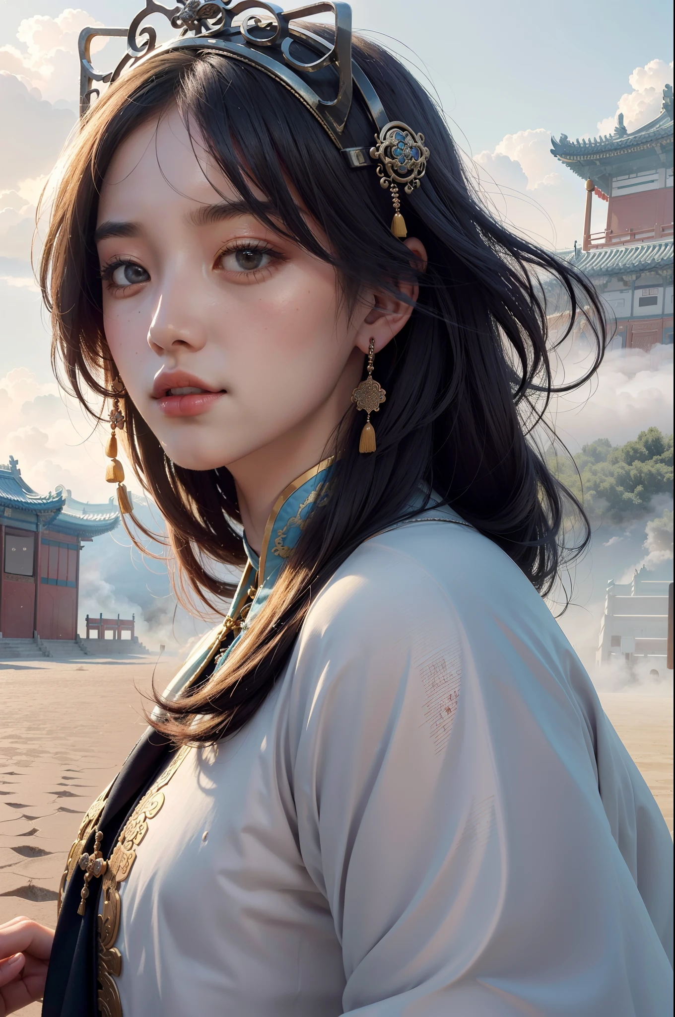 1 girl ((flying)) under moon ,Chinese immortals,dunhuang_cloths,dunhuang_style, (background is chinese Palace on Heavenly:1.5), (The ground is filled with clouds:1.5, surrounded by smoke:1.5), best quality, realistic, photorealistic, award-winning illustration, (intricate details:1.2), (delicate detailed), (intricate details), (cinematic light, best quality Backlights), clear line,fashion girl, sharp focus, realistic face,detailed face,official art, unity 8k wallpaper, ultra high res, (photorealistic:1.5), looking at viewer, ulzzang-6500, cyberhelmet