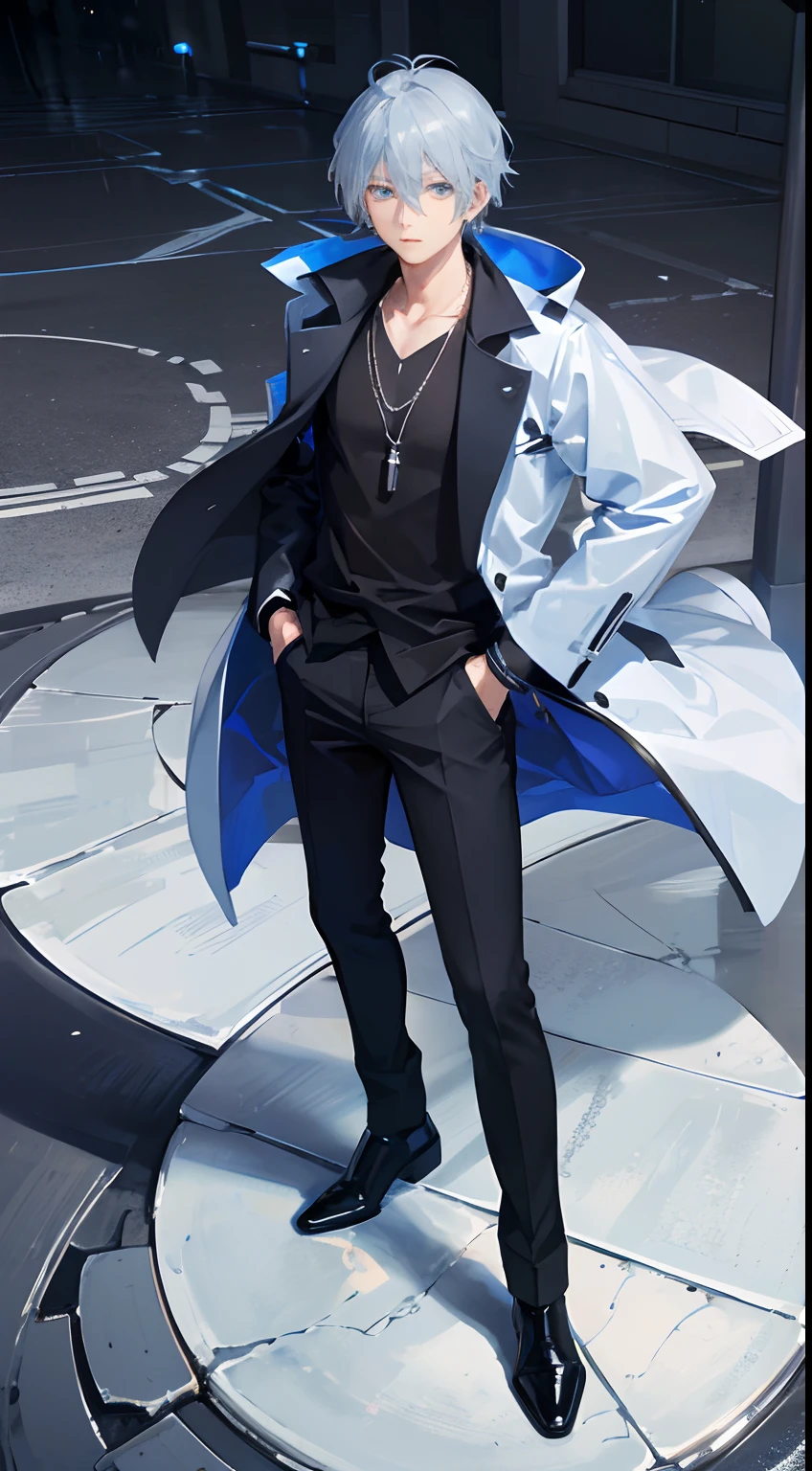 hightquality、Transcendent Beauty Young Man、Cool handsome man、(shiny blue hair)、、(Braided straight short hair)、Light blue eyes、Kuroko under the right eye、((Black coat and silver necklace))、Zito-order、Straight face、glamor
