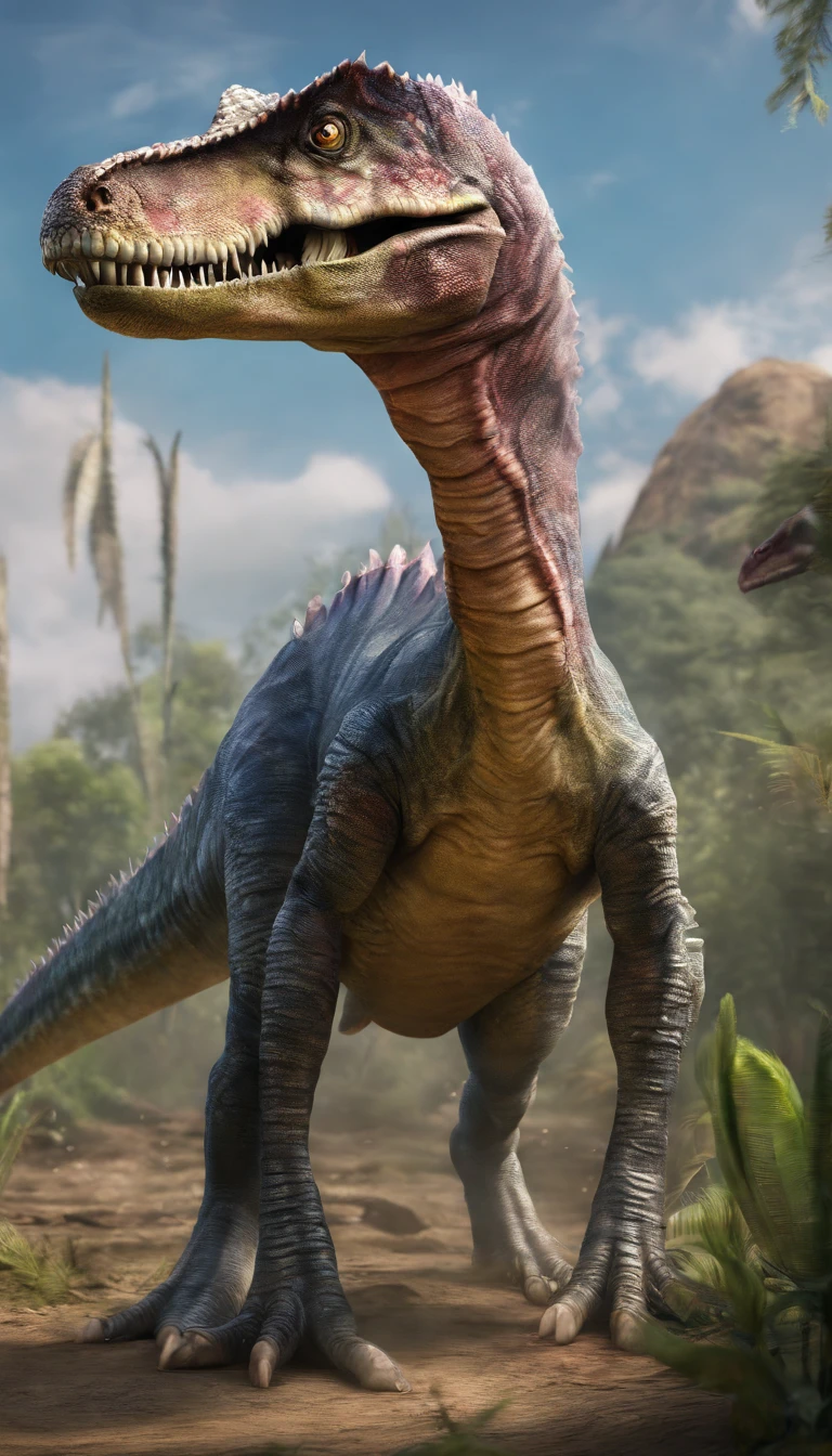 Front view of a friendly serene personality spinosaur, bonito charmoso, They have scales or feathers that reflect sunlight in a multitude of colors,Cartoon, Realistic, disco Rigido, real, animation, full view