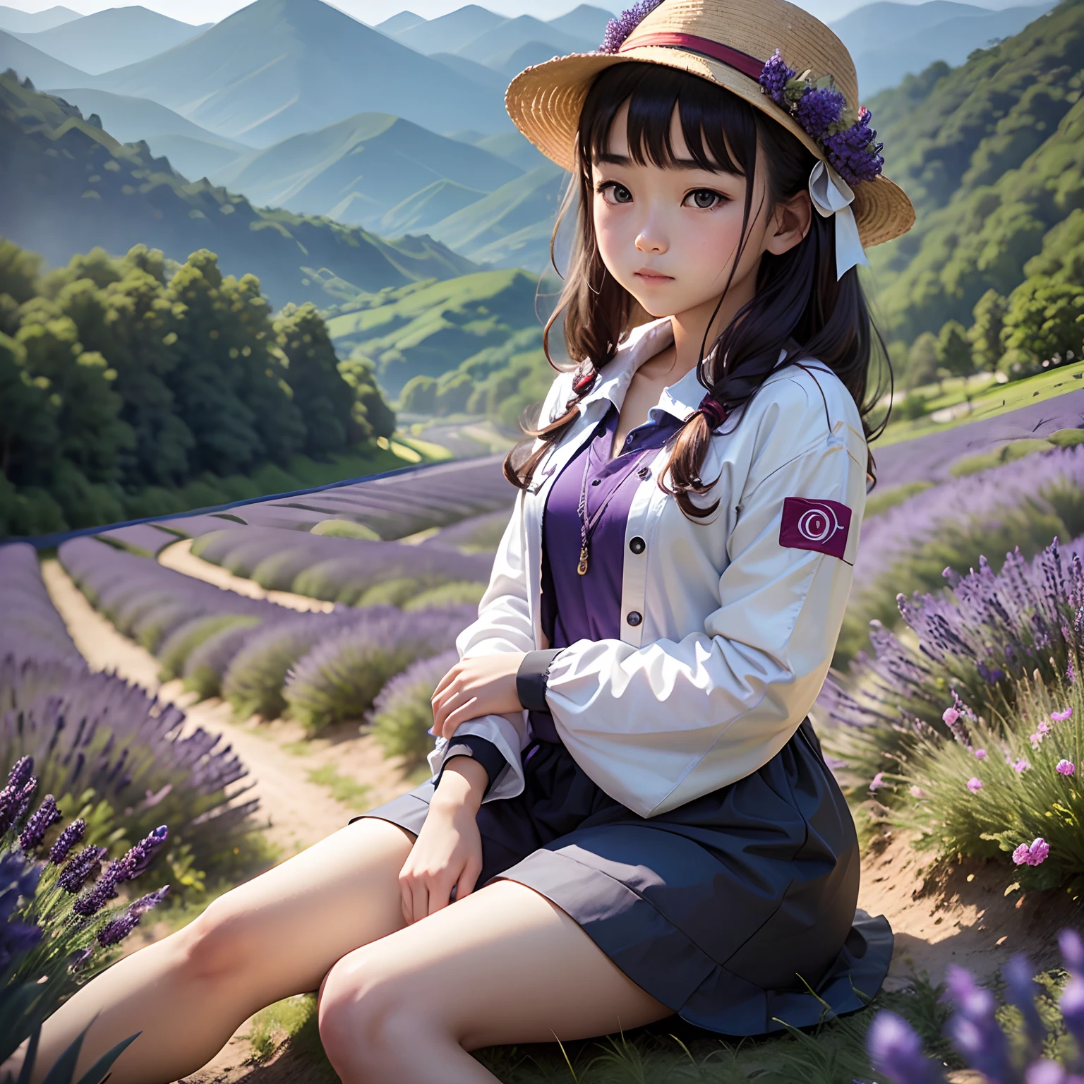 A sits in a lavender field, blue-sky, baiyun, Far Mountain.