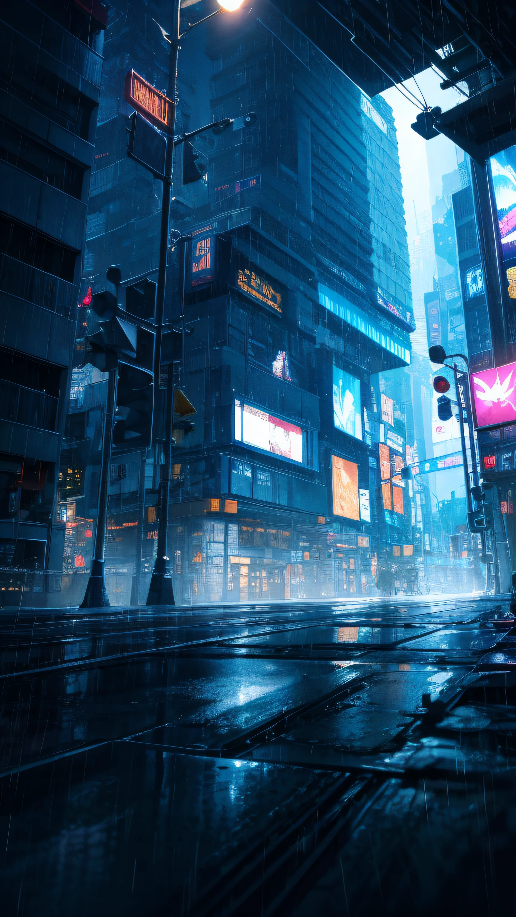 scenery, A highly detailed portrait of a street corner, during a rainstorm with lightning strikes and a cloudy sky, neon and cyberpunk background, a butterfly hovers near a street lamp, glowing, backlighting, masterpiece, best quality, intricate detail, absurdres, chromatic aberration, depth of field, professional photography, soft lighting, tone mapped, highly detailed, sharp focus, dramatic lighting, intricate details, cinematic, 8K, incredible shadows, realistic, (highly detailed background:1.0)